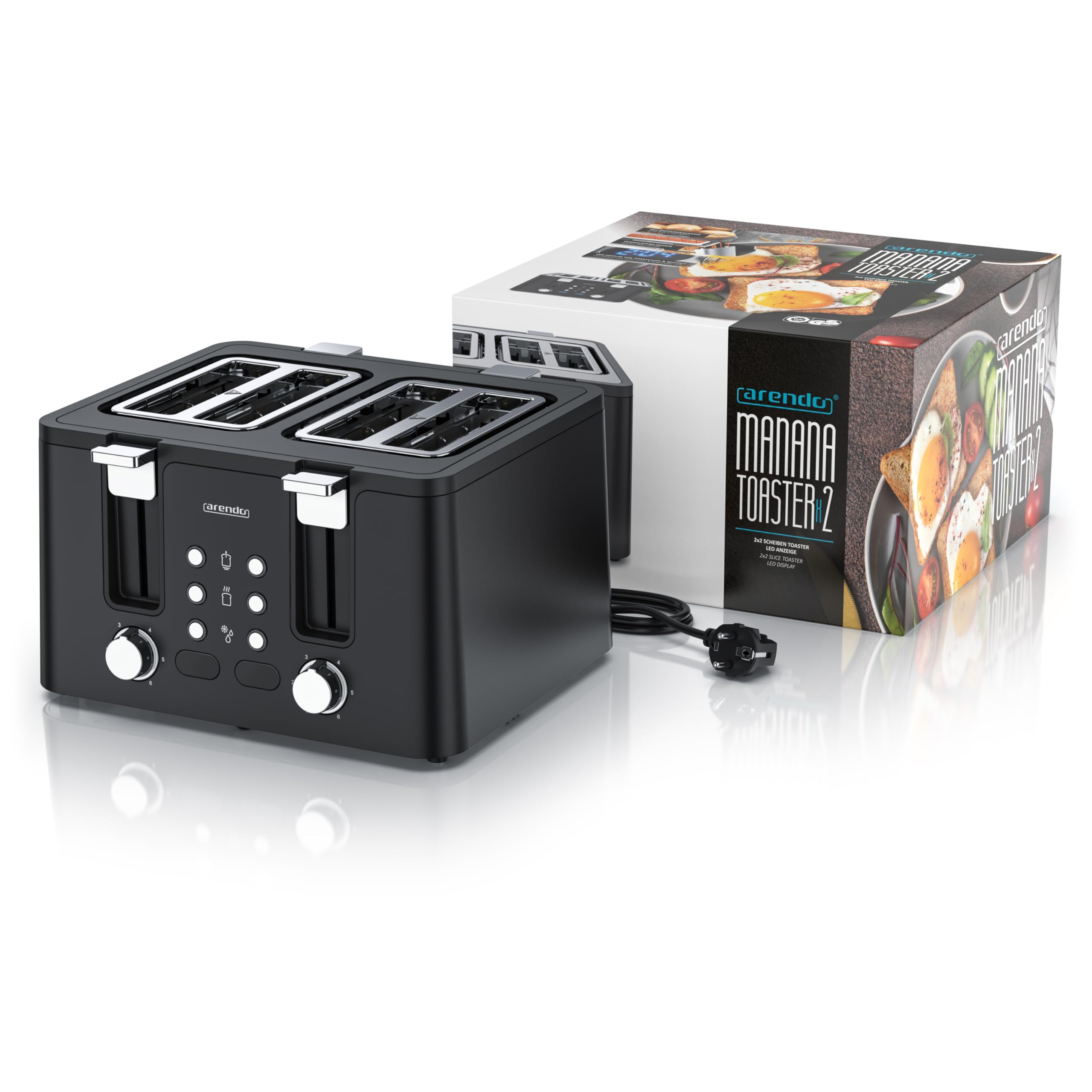 Schwarzer Arendo-Toaster für vier Scheiben mit Bedienelementen und seiner Produktverpackung.