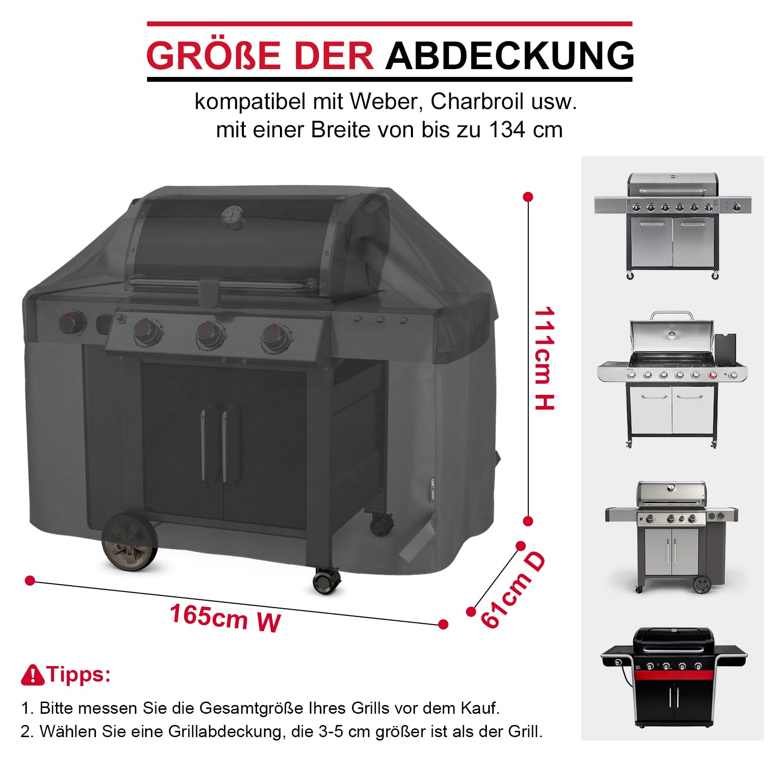 UNICO 165 x 61 x 112 cm Grillabdeckung, Schwarz
