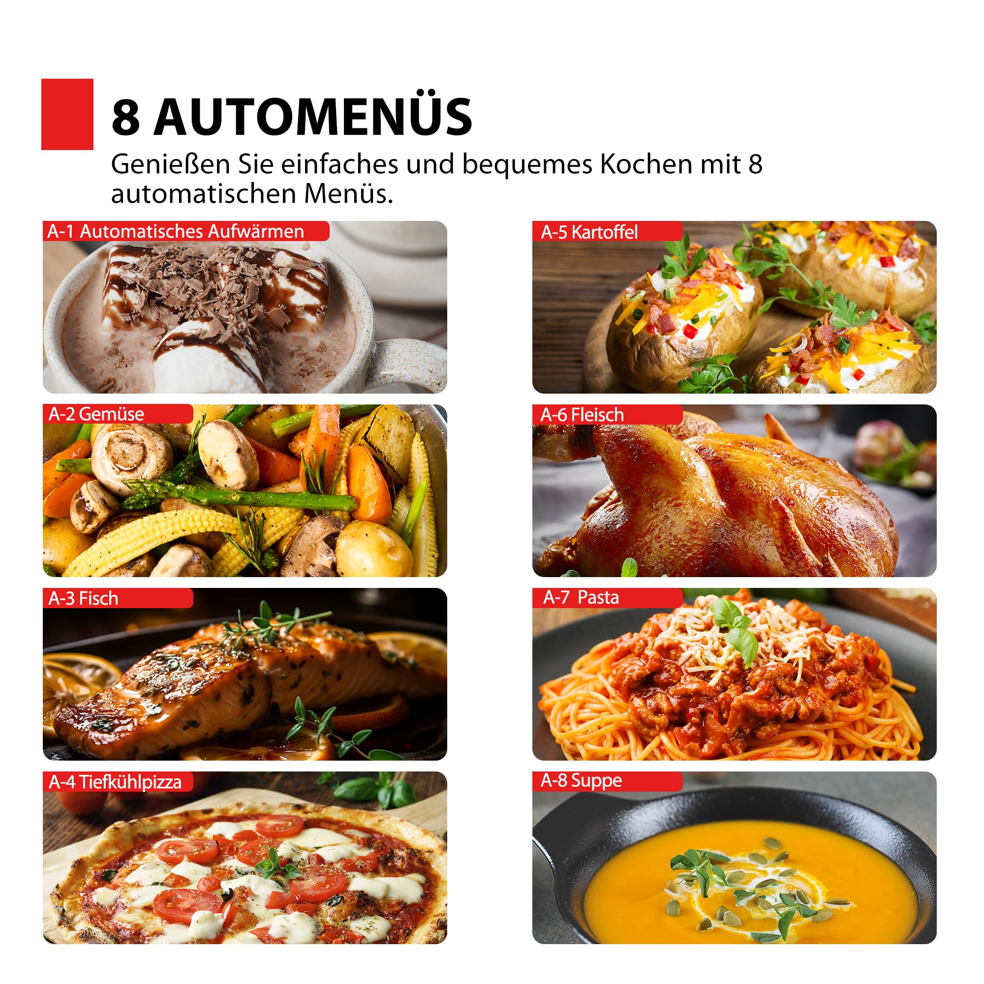 Aperçu de 8 menus automatiques avec des images de divers plats et des étiquettes en allemand.