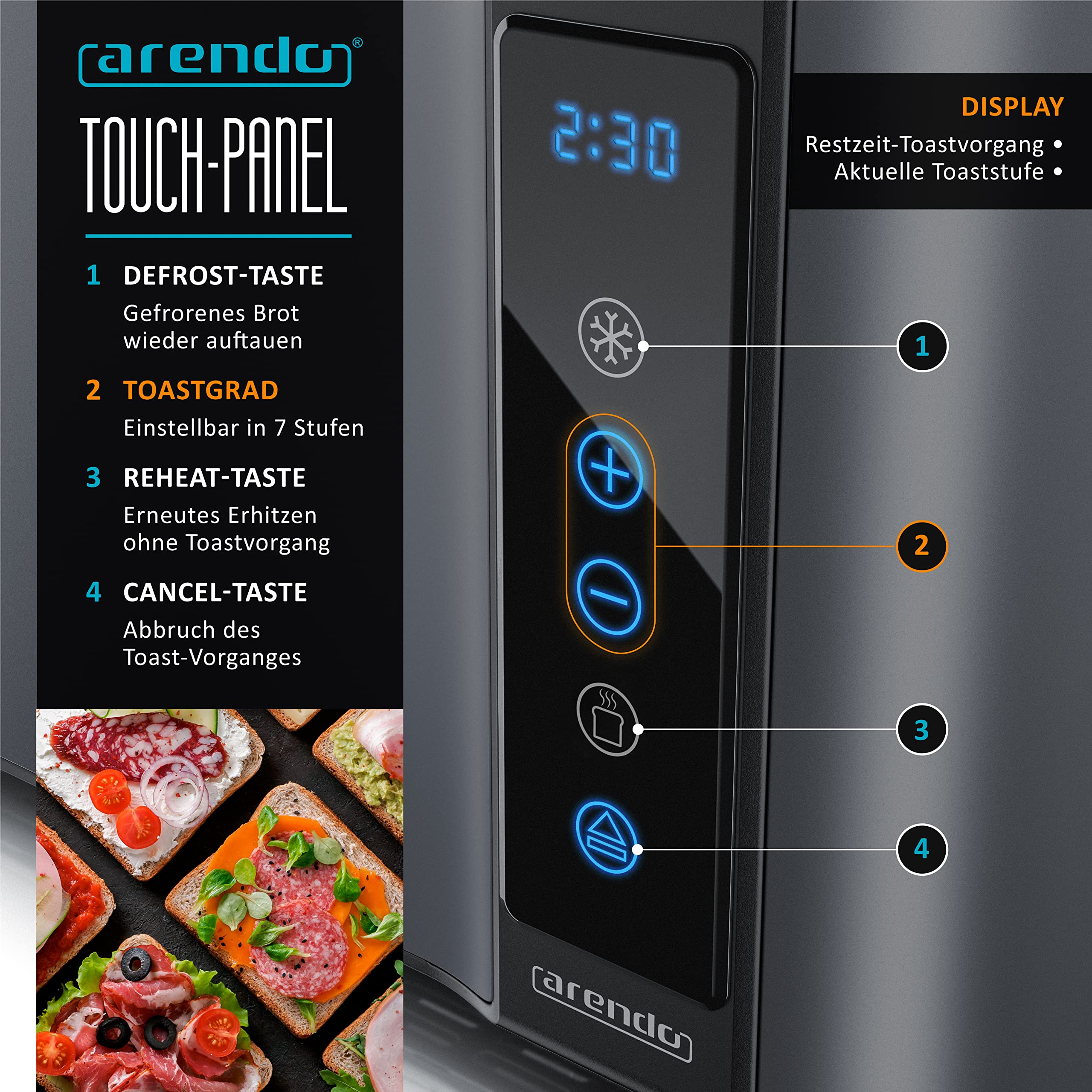 Pannello touch Arendo con display digitale blu, pulsanti scongelamento, livello, riscaldamento e annulla.