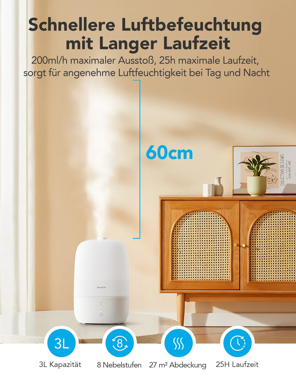 Umidificatore bianco su un tavolo con testo e icone che mostrano caratteristiche come capacità 3L e autonomia 25h.
