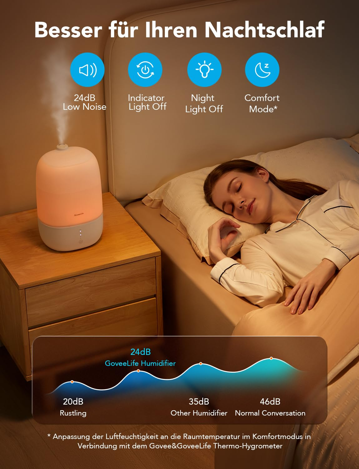 Un umidificatore luminoso su un comodino accanto a una donna che dorme.
