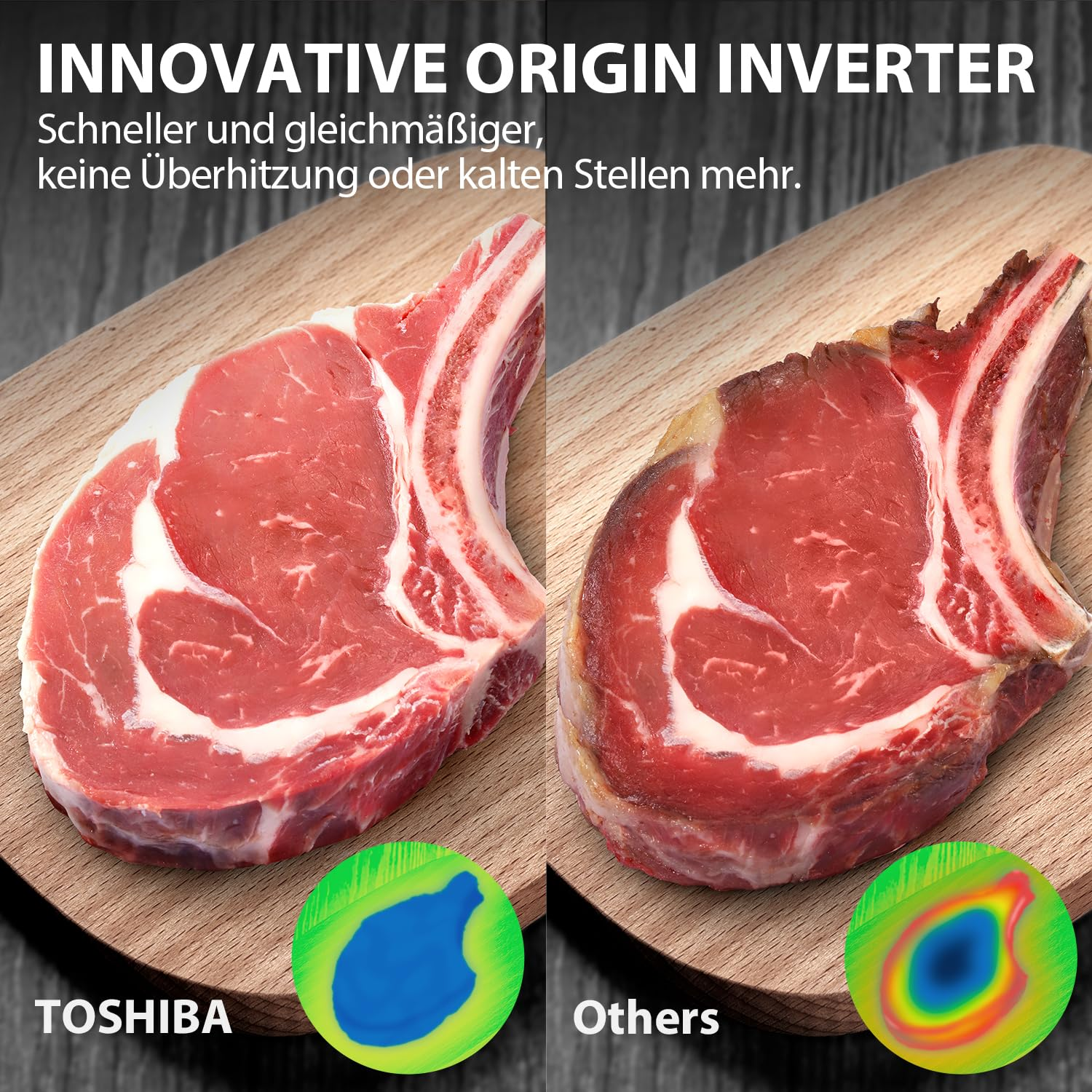 Comparaison de viande sur une planche avec l'onduleur Toshiba et d'autres.