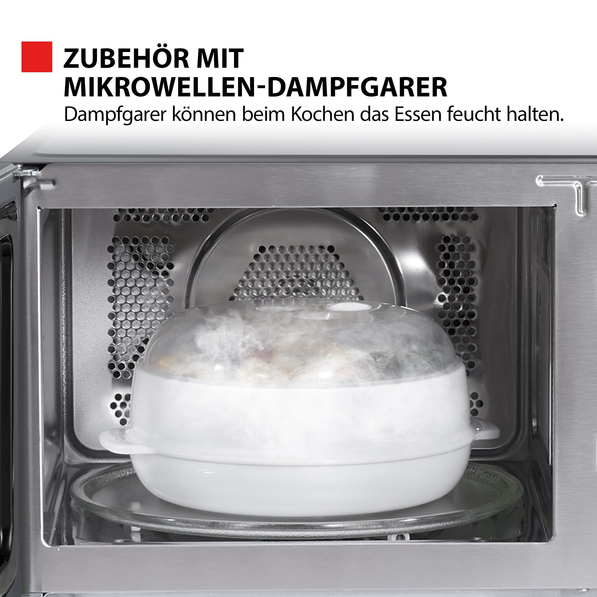 Un cuiseur vapeur blanc avec couvercle en verre dans un micro-ondes en inox.