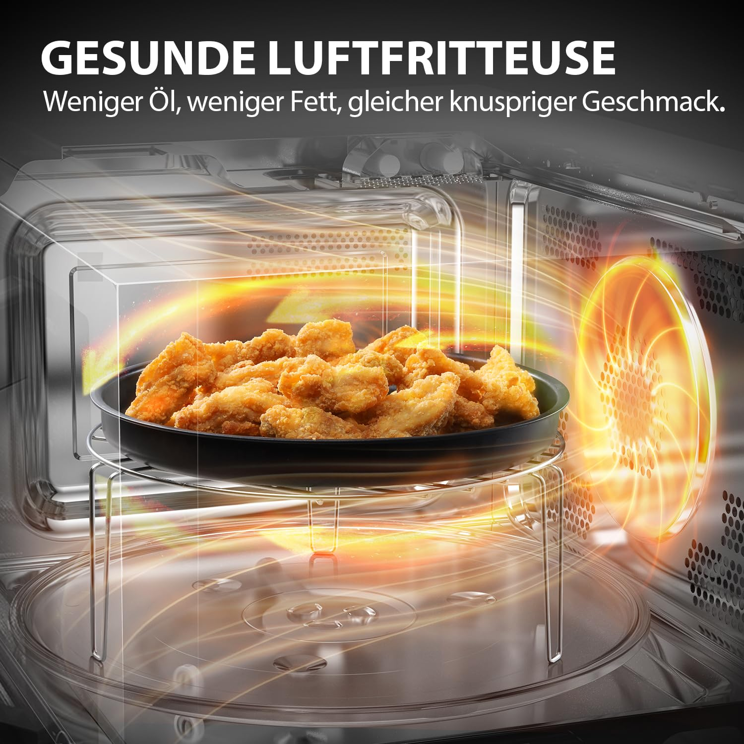 Morceaux de poulet dorés dans un plat rond sur une grille métallique à l'intérieur d'une friteuse à air.