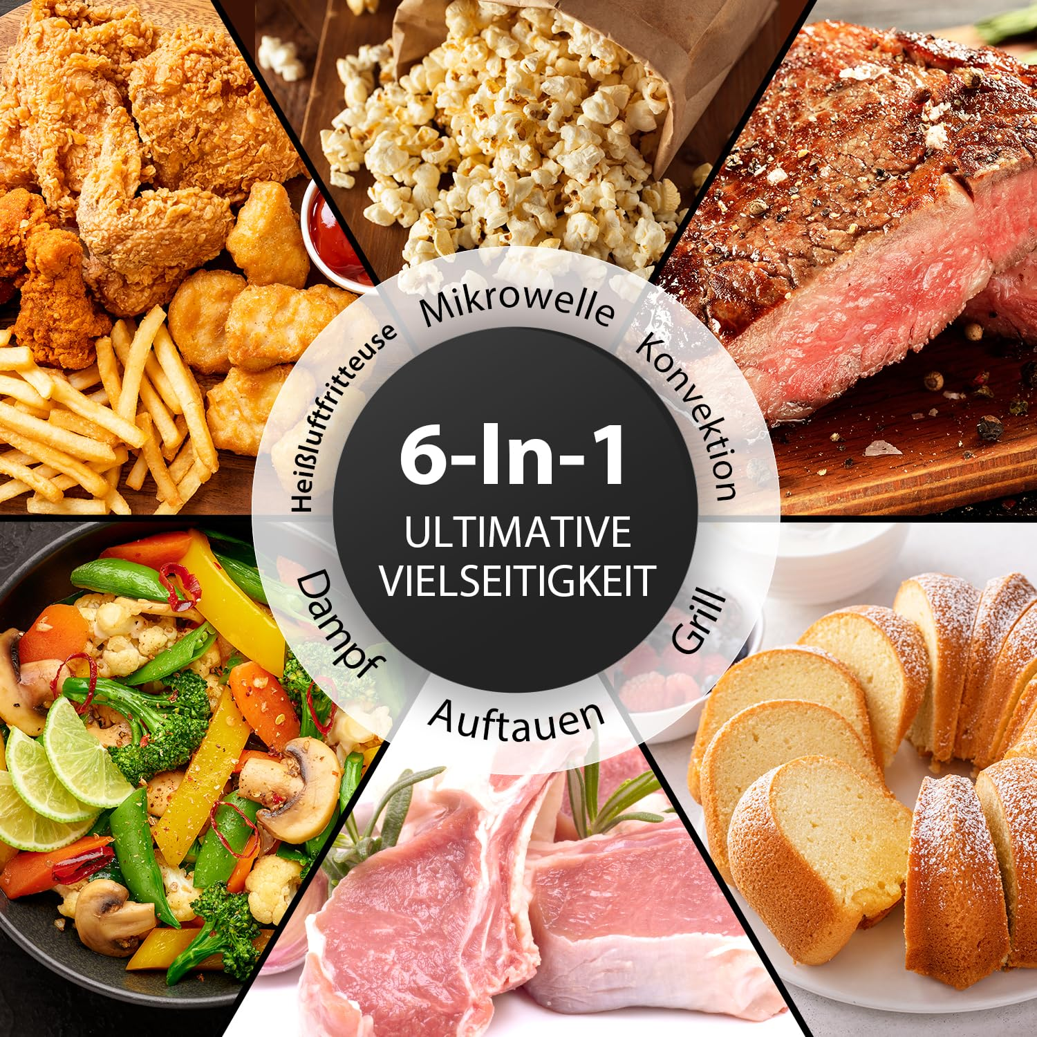 Collage de divers aliments autour d'un texte central pour un appareil de cuisine 6 en 1.