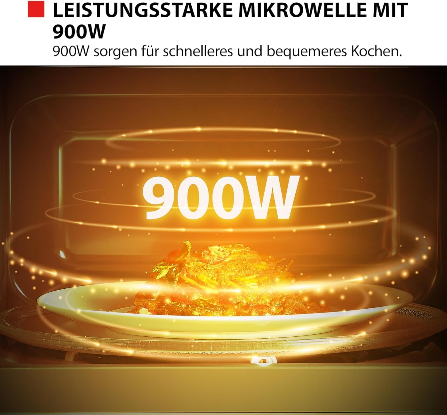 Un micro-ondes de 900W réchauffe une assiette de nourriture, entourée d'ondes d'énergie lumineuses.