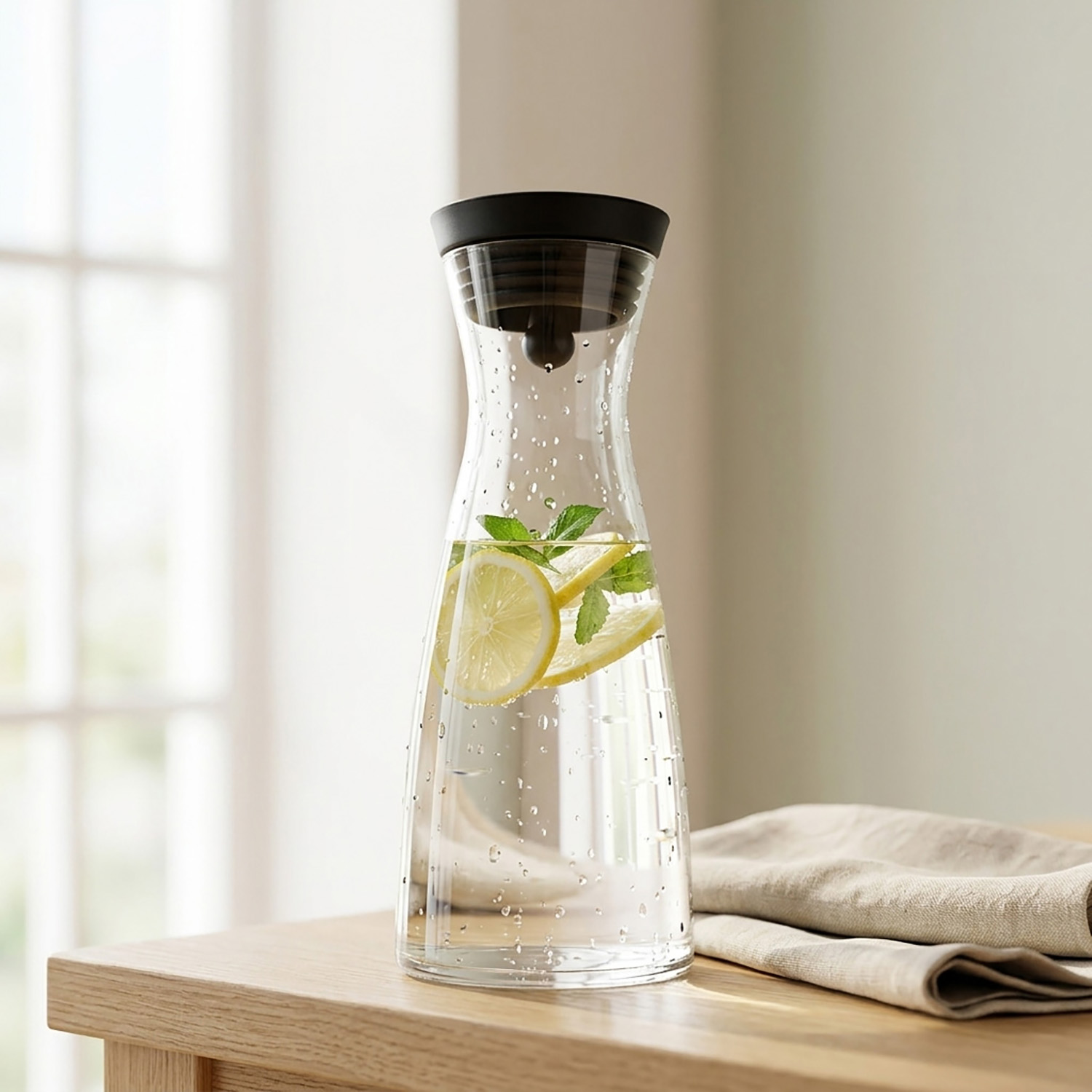 Eine Glasaraffe mit Wasser, Zitronenscheiben und Minze steht auf einem Holztisch, daneben ein gefaltetes Tuch.