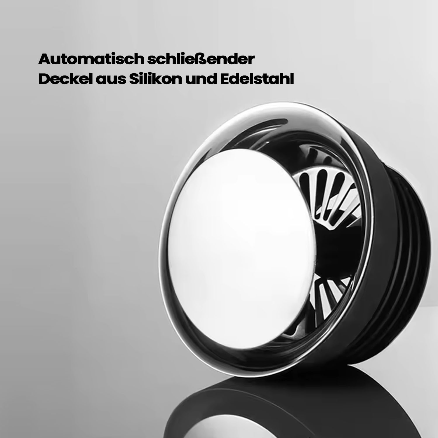 Automatischer Deckel aus Silikon und Edelstahl auf grauem Hintergrund.