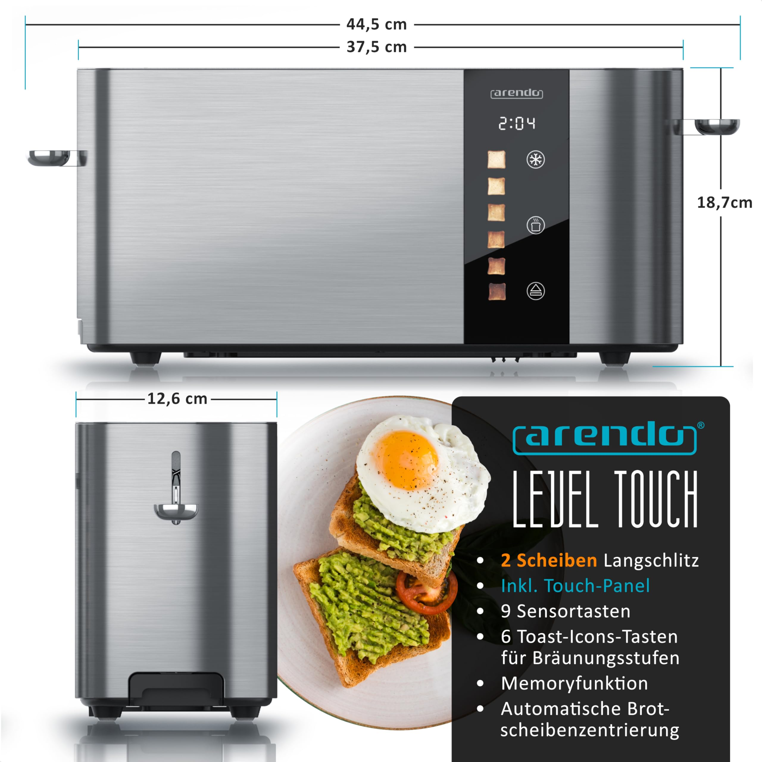 Tapeto lungo in acciaio inox Arendo con display touch e dimensioni, accanto a toast con avocado e uovo.