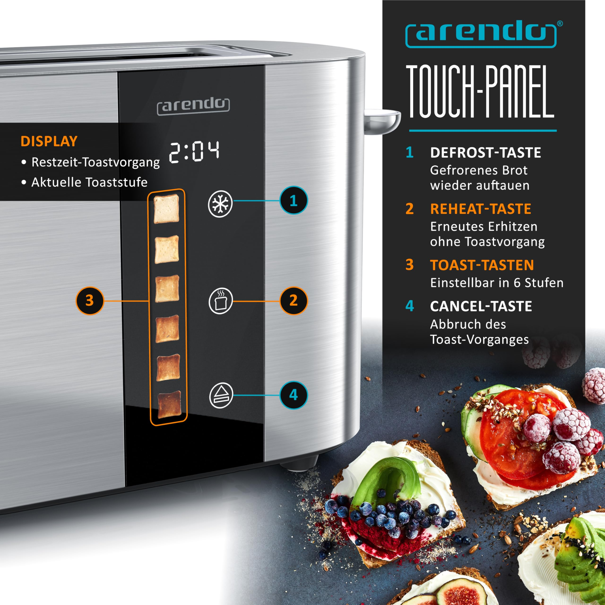 Tapane in acciaio inossidabile Arendo con pannello touch e display digitale, vicino a toast con bacche.