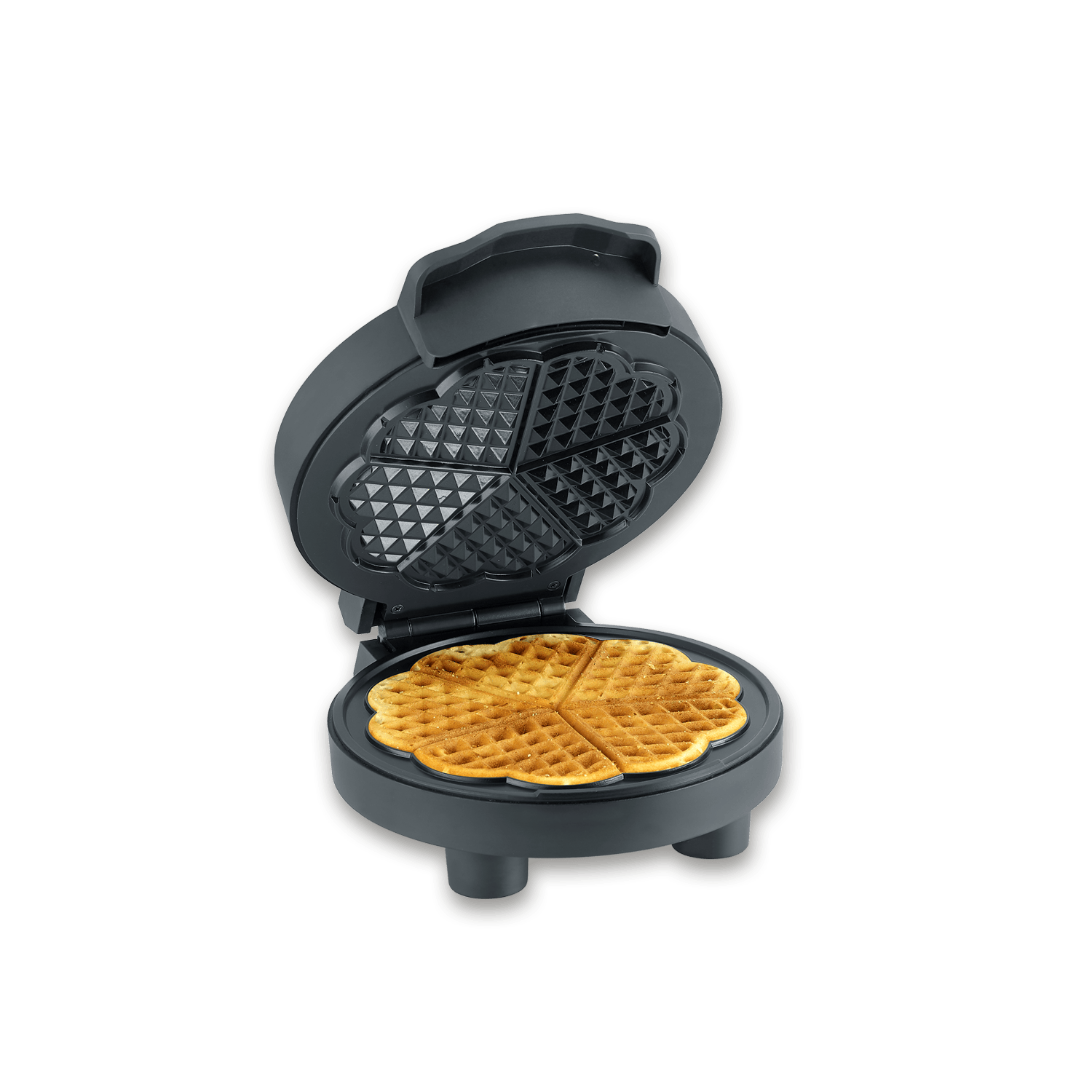 Ein offenes schwarzes Waffeleisen mit einer herzförmigen, goldbraunen Waffel auf schwarzem Hintergrund.