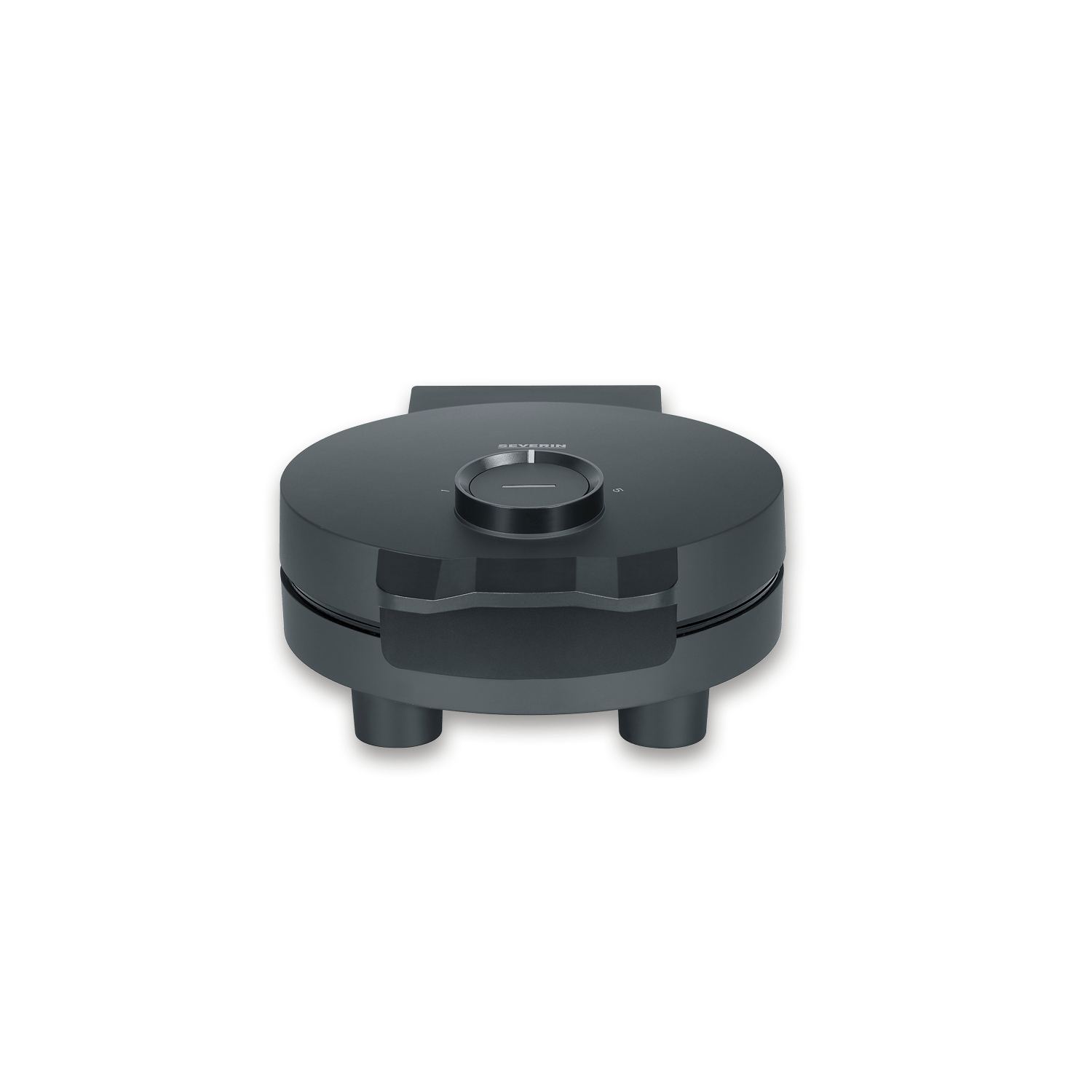 Ein schwarzes Severin Waffeleisen vor schwarzem Hintergrund mit einem runden Deckel und einem zentralen Drehregler.