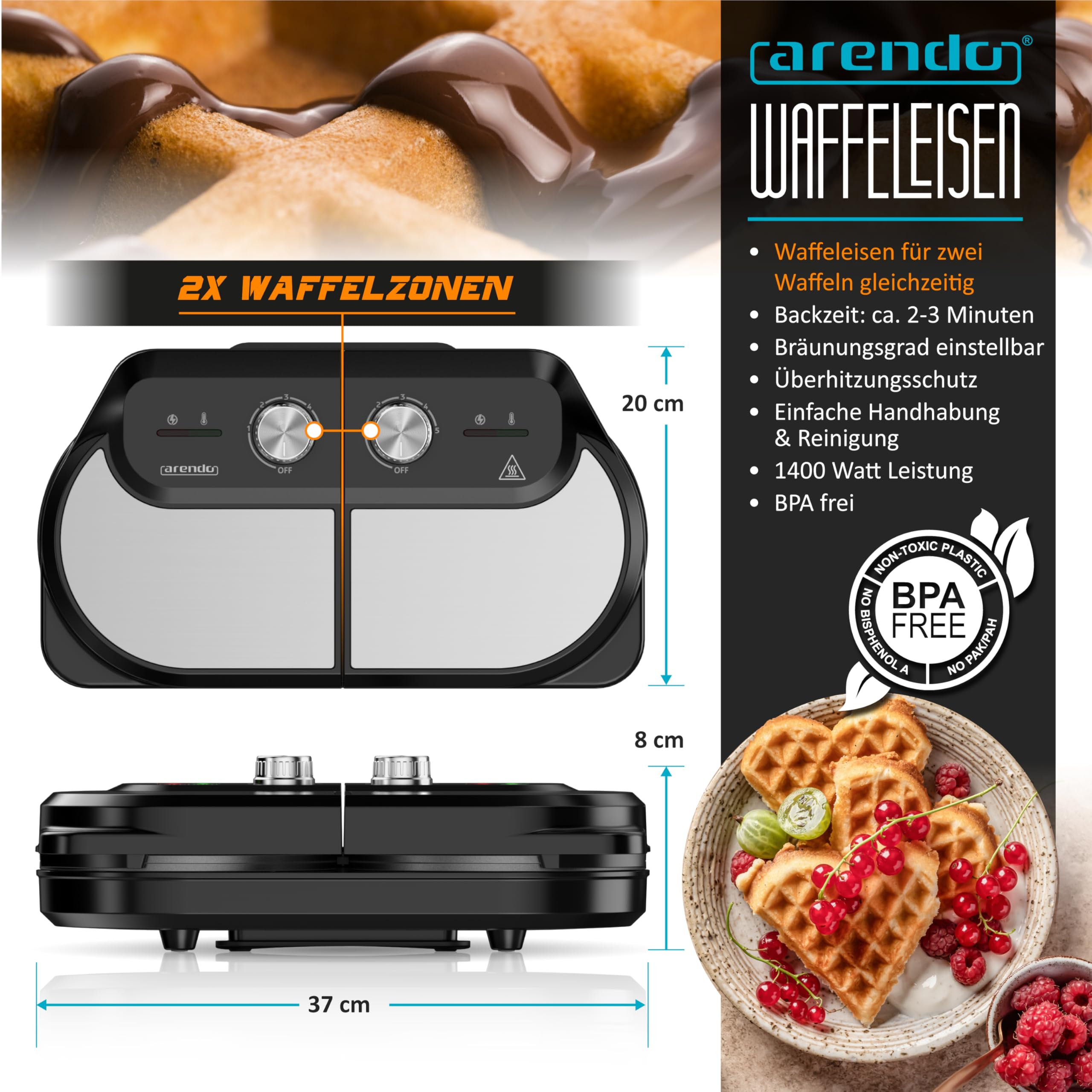 Arendo Waffeleisen mit Produktdetails, Maßen und Abbildung von Waffeln mit Schokolade und Beeren.