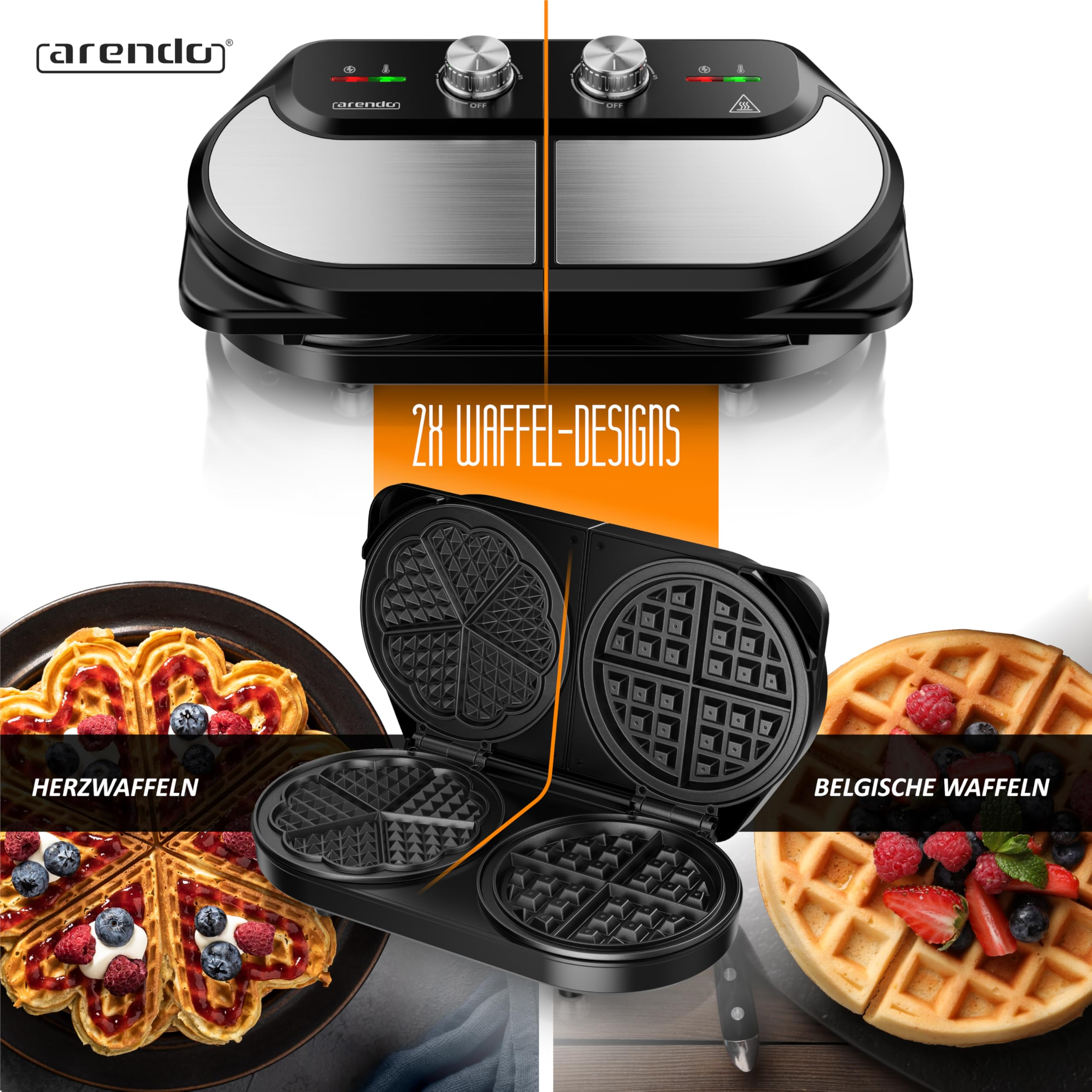 Doppel-Waffeleisen in Schwarz und Edelstahl für Herz- und belgische Waffeln mit Früchten.