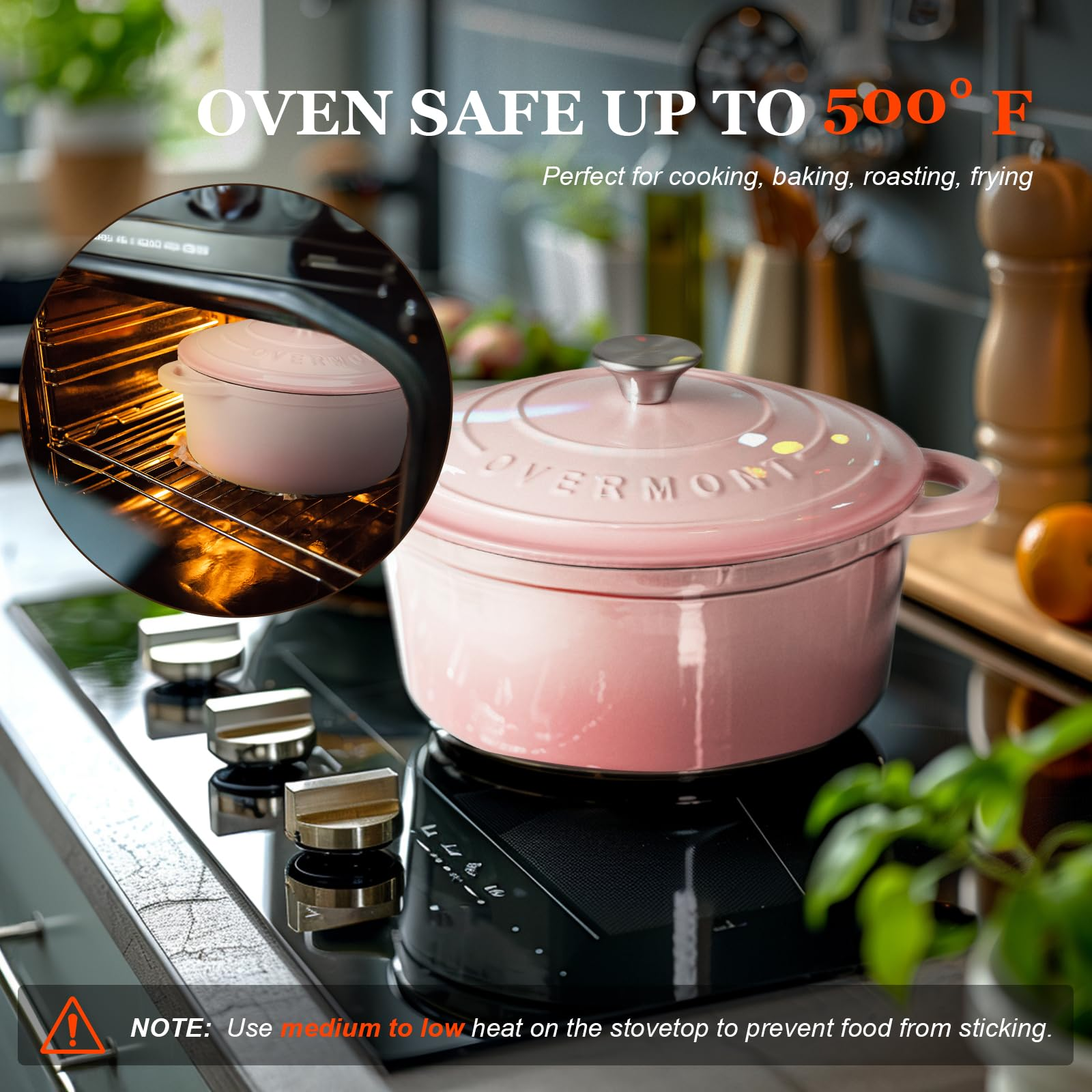 Une cocotte rose sur une table de cuisson avec un encart montrant sa cuisson au four.