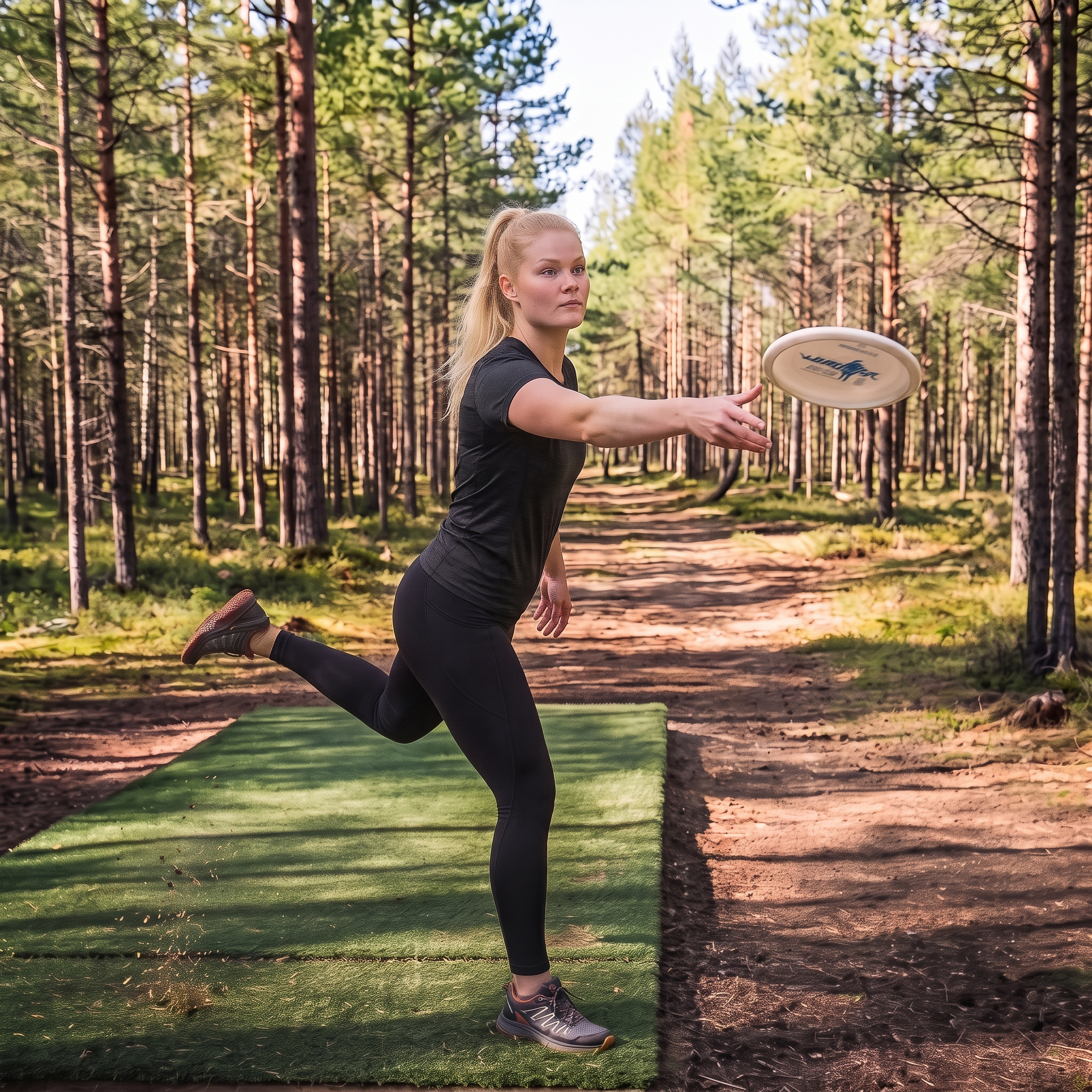 Eine blonde Frau in schwarzer Sportkleidung wirft eine weiße Frisbee auf einem Disc-Golf-Kurs in einem Kiefernwald.