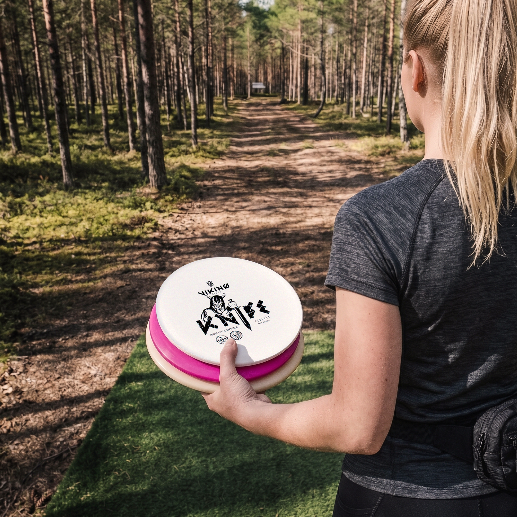 Eine blonde Frau hält drei Disc-Golf-Scheiben auf einem Abwurfplatz vor einem Waldweg.