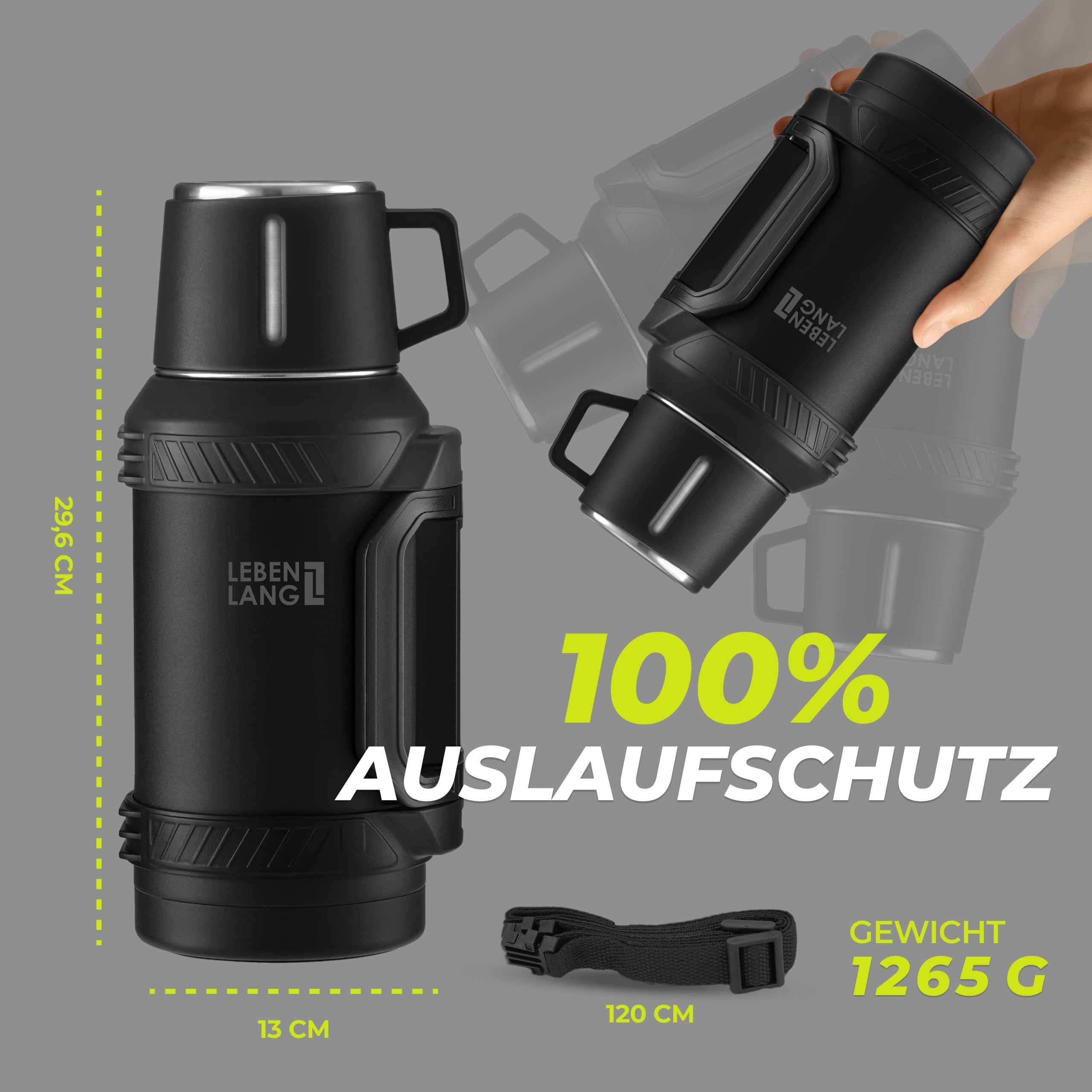 Eine schwarze Thermoskanne mit Maßen, Gurt und 100% Auslaufsicherheit auf grauem Grund.