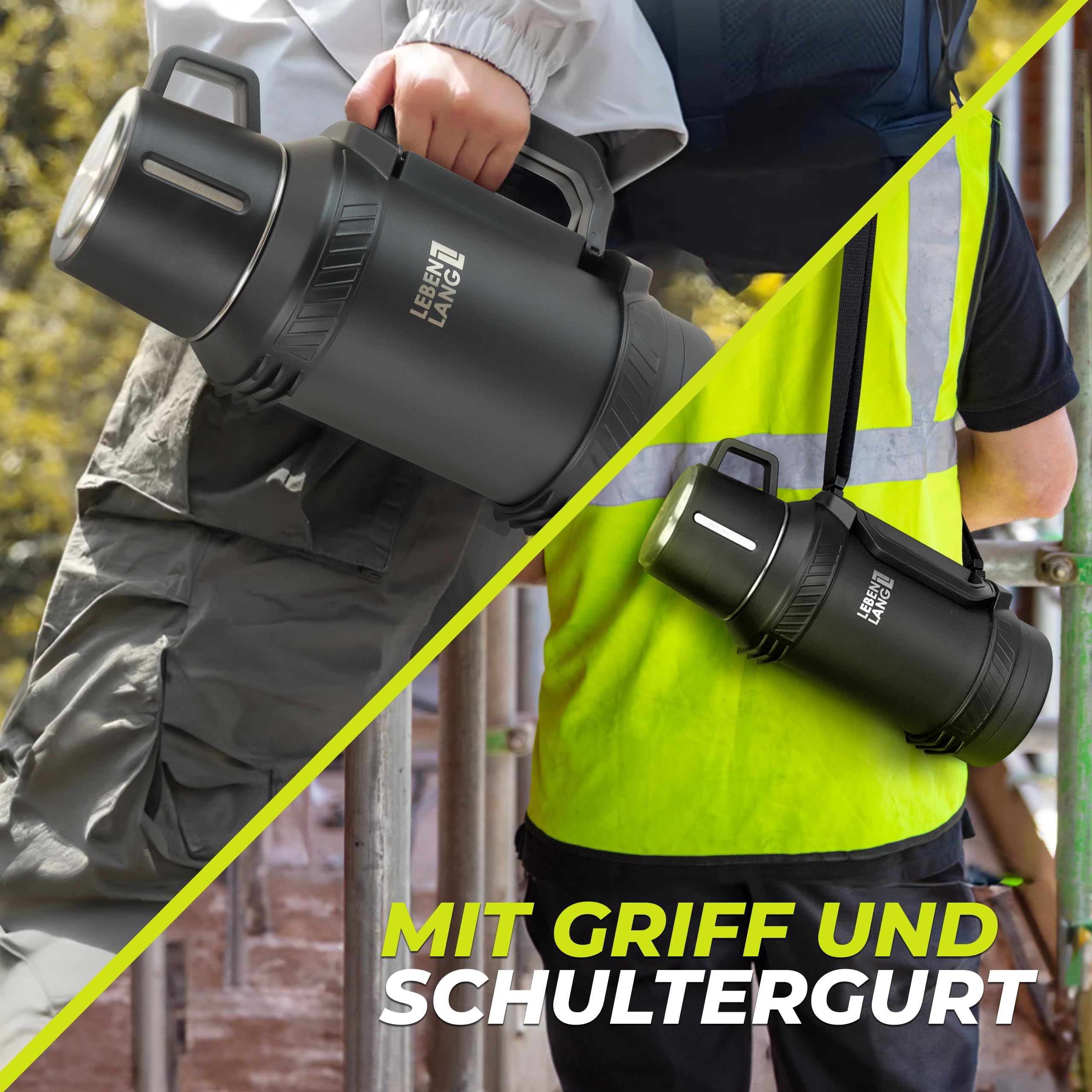 Eine Person trägt eine schwarze Thermoskanne am Griff, eine andere mit Schultergurt.