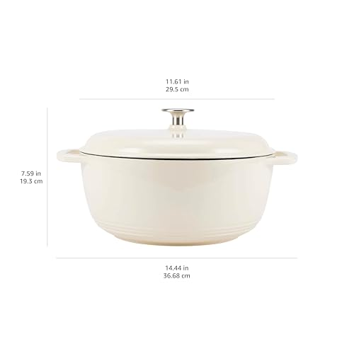 Une cocotte ronde de couleur crème avec un couvercle et des dimensions.