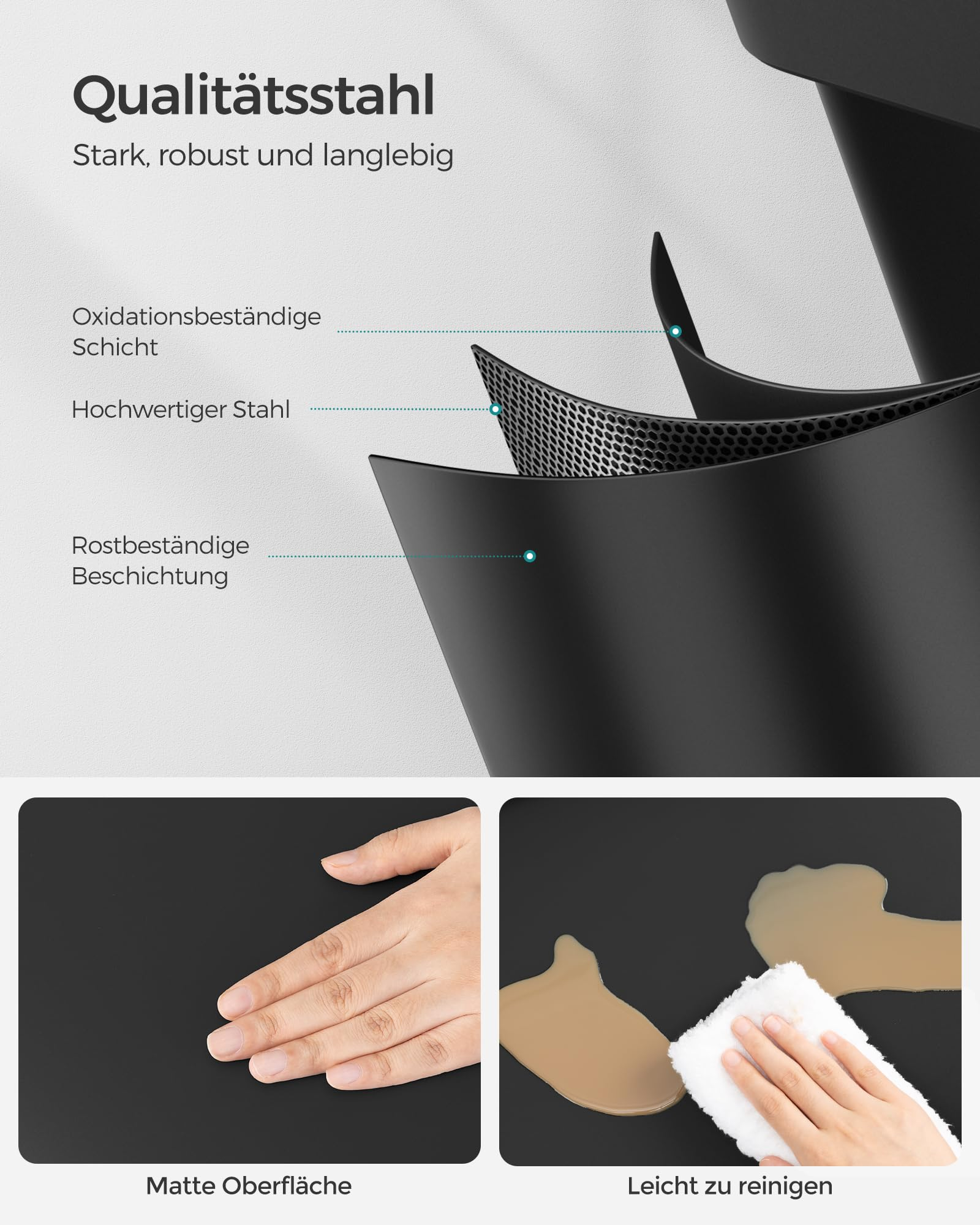 Diagramm zeigt die Schichten von Qualitätsstahl, eine matte Oberfläche und die einfache Reinigung.