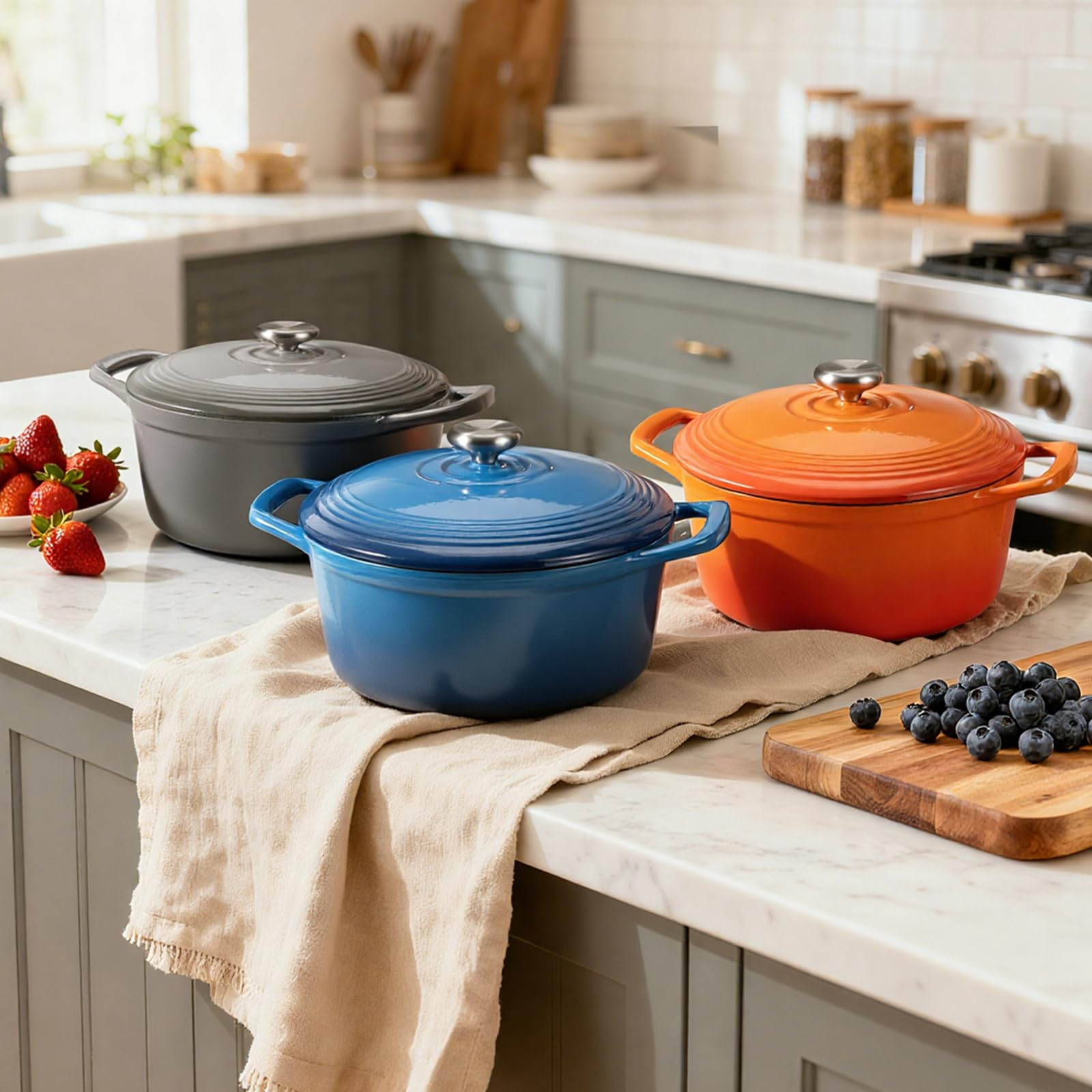 Drei bunte Dutch Ovens in Grau, Blau und Orange stehen auf einer Marmorarbeitsplatte in einer Küche neben Beeren.