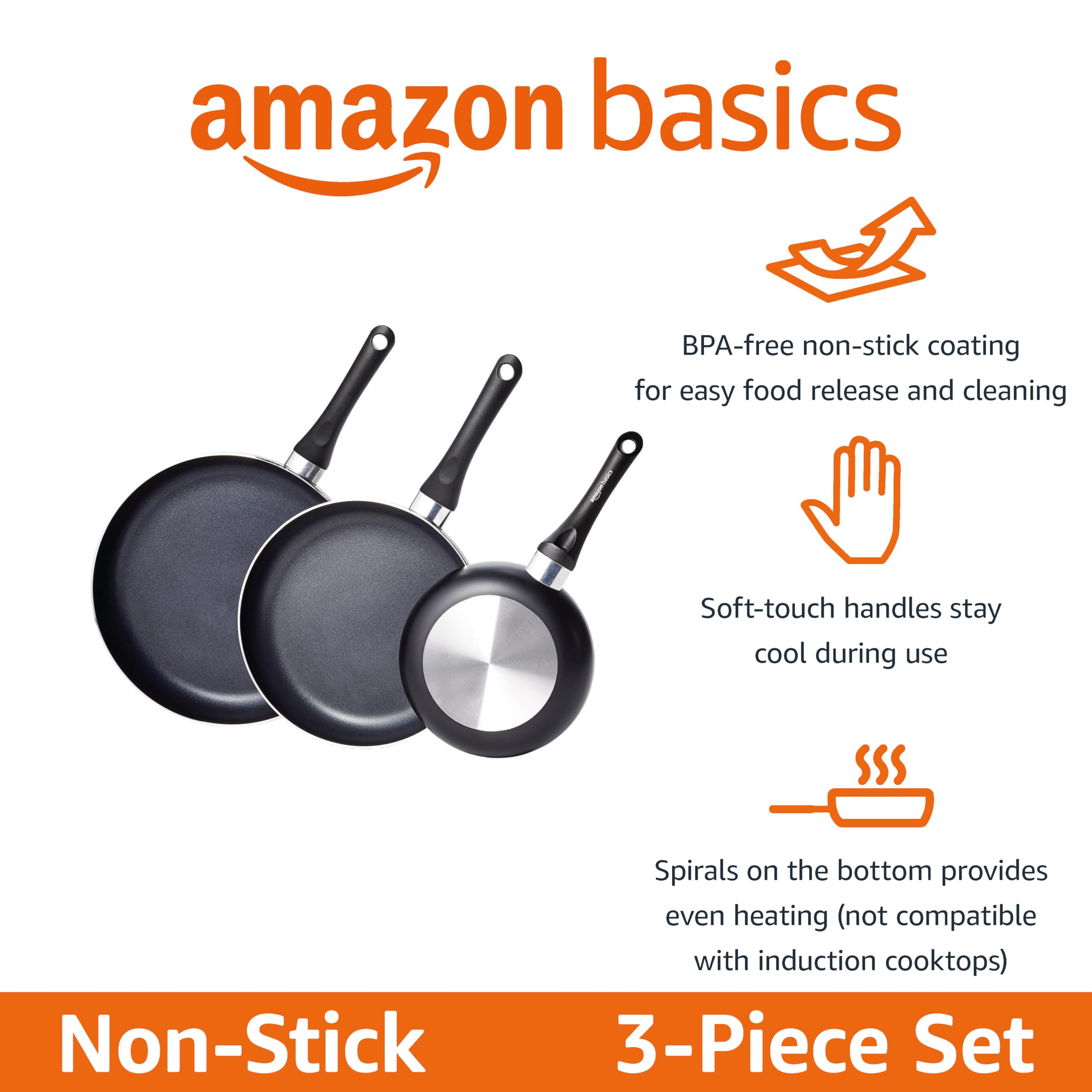 Un ensemble de 3 poêles antiadhésives Amazon Basics avec revêtement sans BPA et poignées douces.