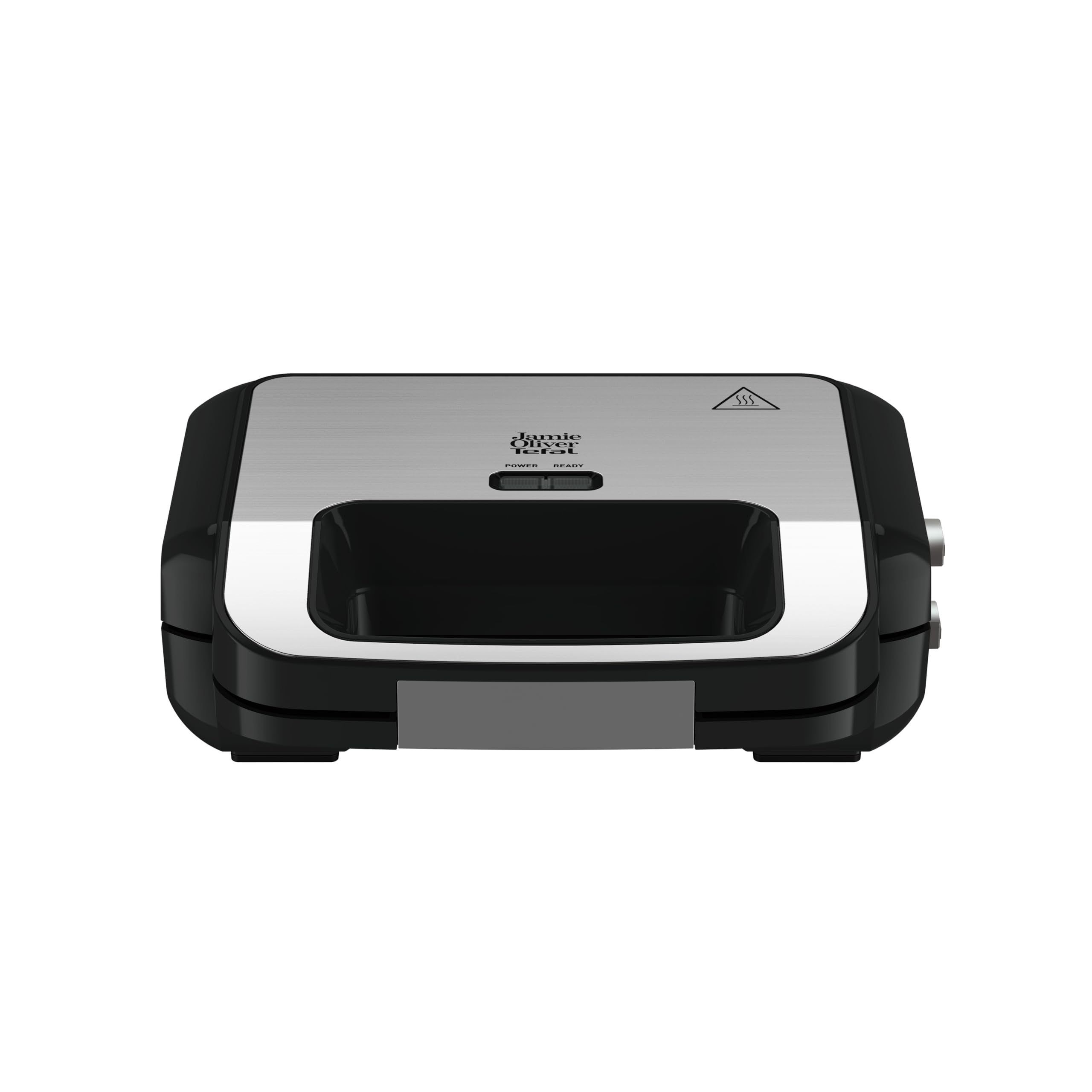 Ein geschlossener schwarz-silberner Sandwichmaker von Jamie Oliver by Tefal auf wei&szlig;em Hintergrund.