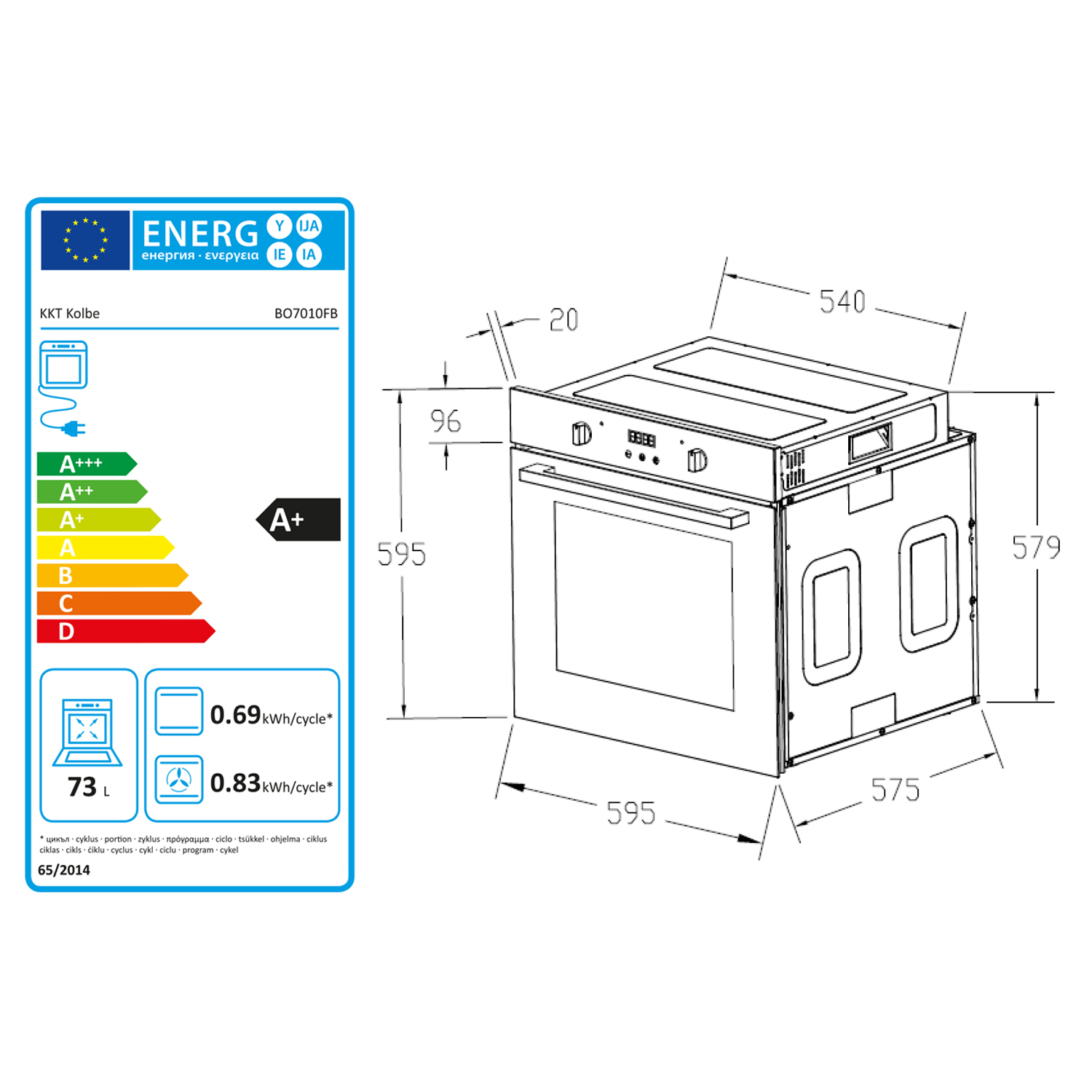 Technische Zeichnung eines Einbauofens mit Maßen und Energieeffizienzlabel A+.