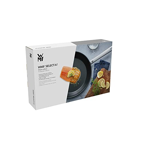 Une boîte de produit WMF Frying Pan montre une poêle, du saumon et des citrons.