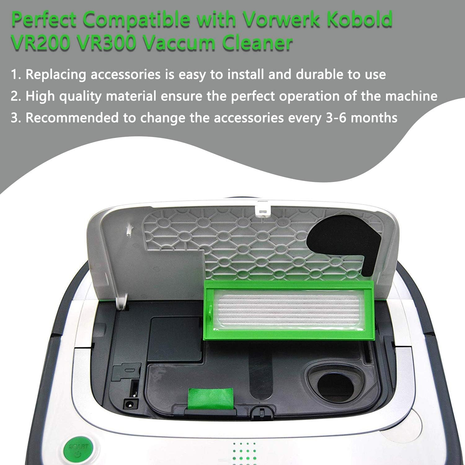 Robot aspirapolvere con vano aperto e filtro verde, testo sugli accessori.