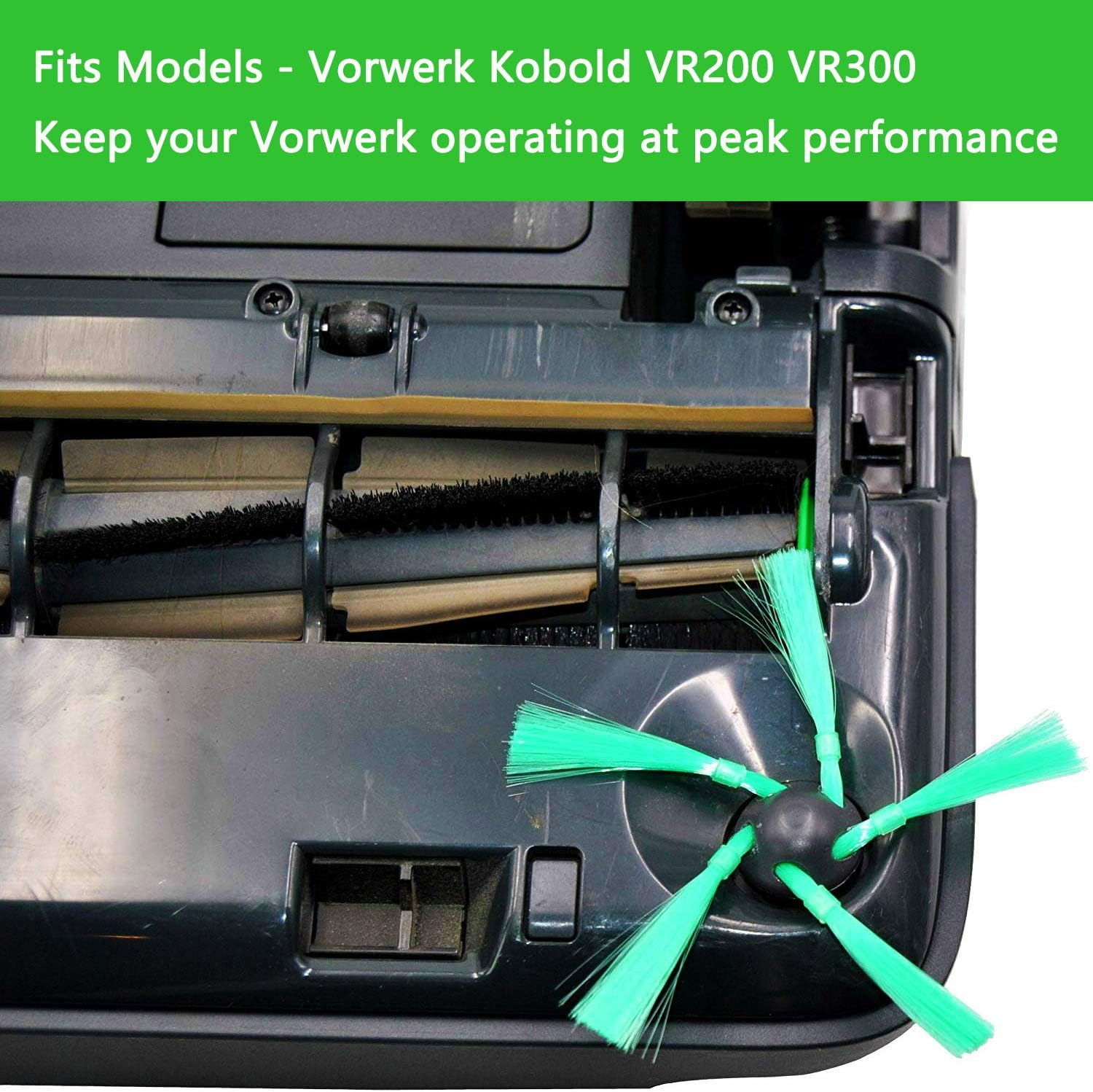 Parte inferiore di un aspirapolvere robotico nero con una spazzola laterale verde e il testo 'Fits Models - Vorwerk Kobold VR200 VR300'.