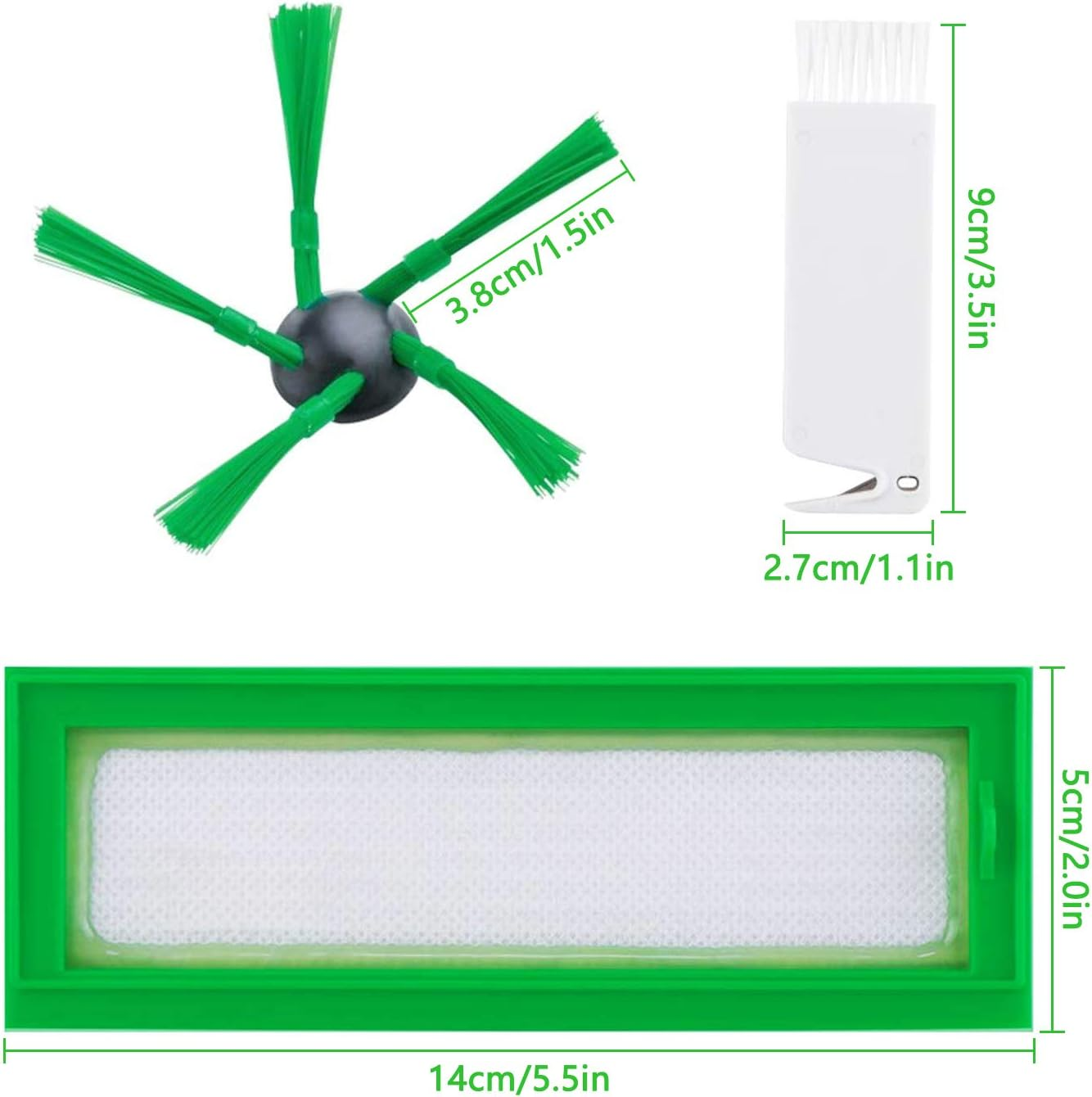 Ricambi per robot aspirapolvere con dimensioni: spazzola laterale verde, strumento di pulizia bianco e filtro verde.
