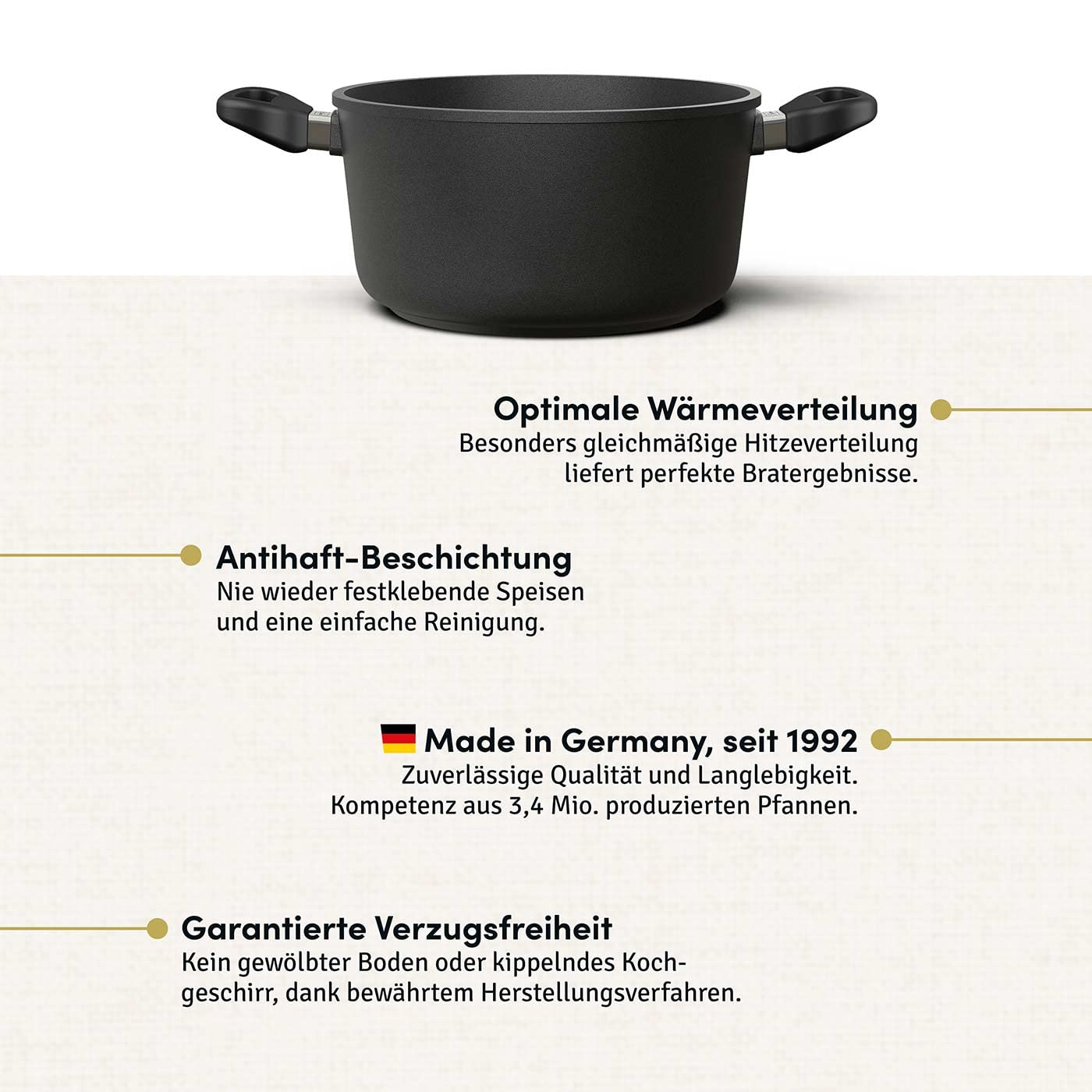 Marmite noire sur fond beige avec des caractéristiques en allemand.