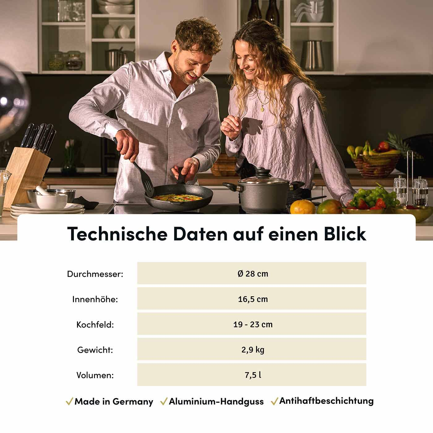 Un couple cuisine ensemble dans une cuisine moderne, avec un tableau de données techniques en bas.