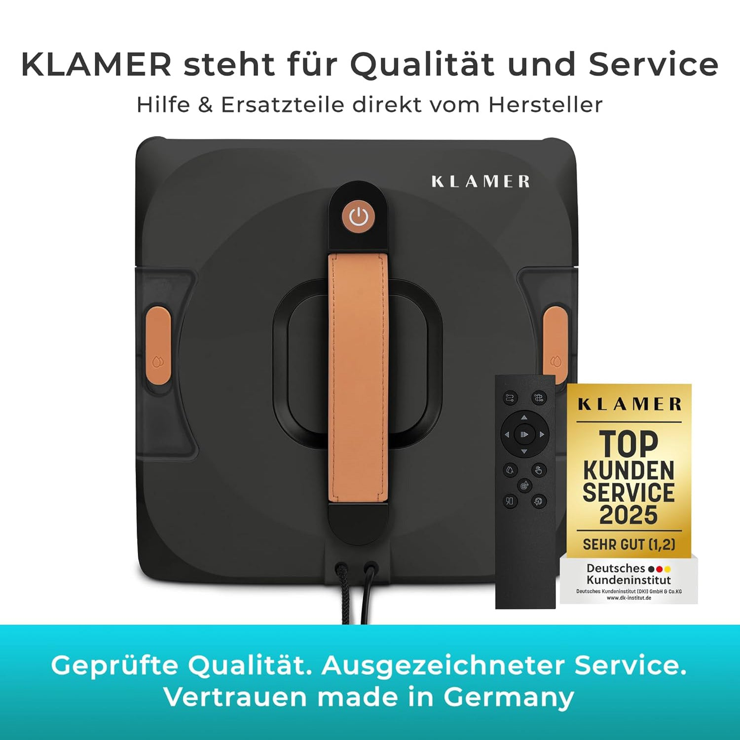 Schwarzer KLAMER Fenstersauger mit braunem Griff, Fernbedienung und Kundenservice-Siegel.