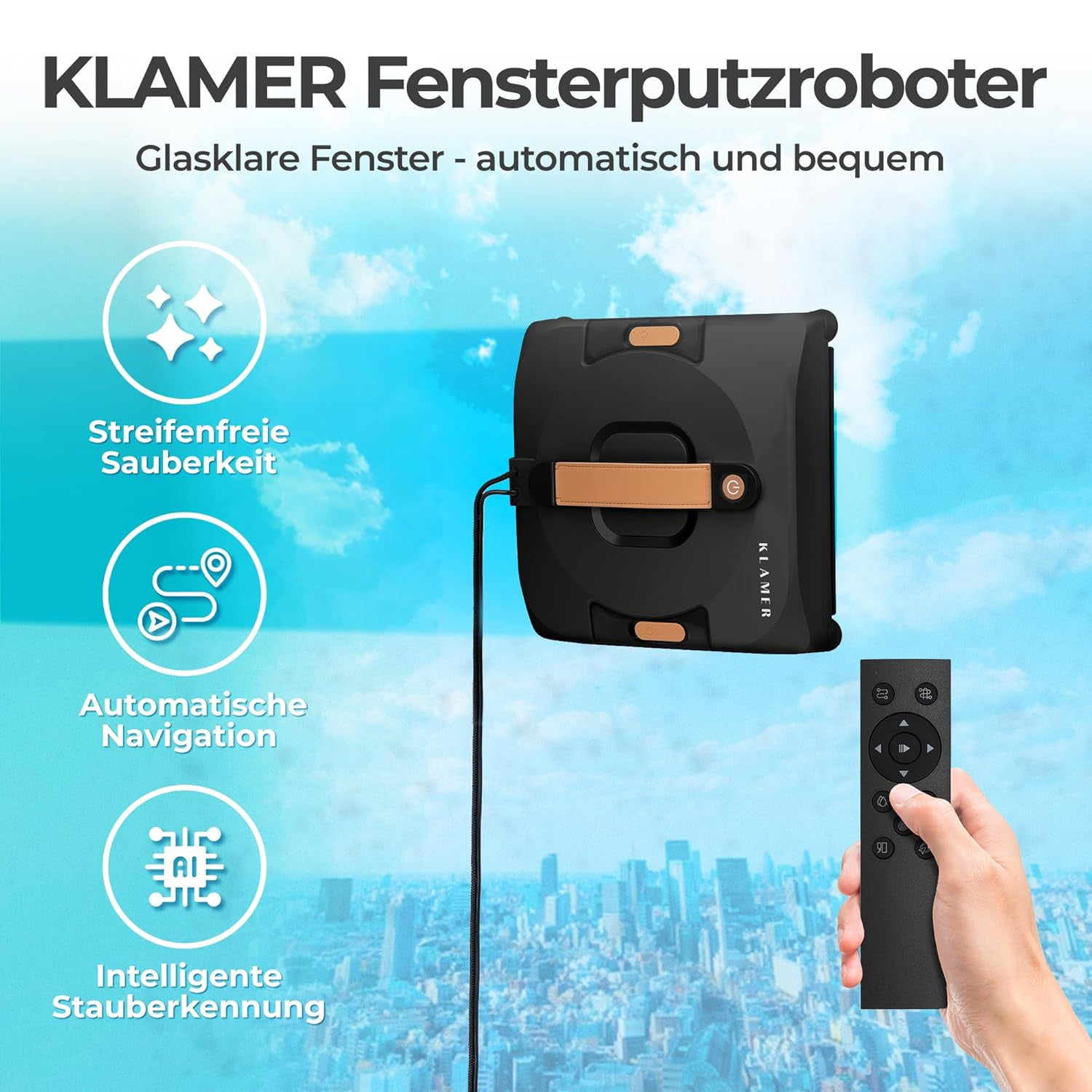 Klamer Fensterputzroboter an Glas mit Fernbedienung, blauer Himmel mit Wolken im Hintergrund.
