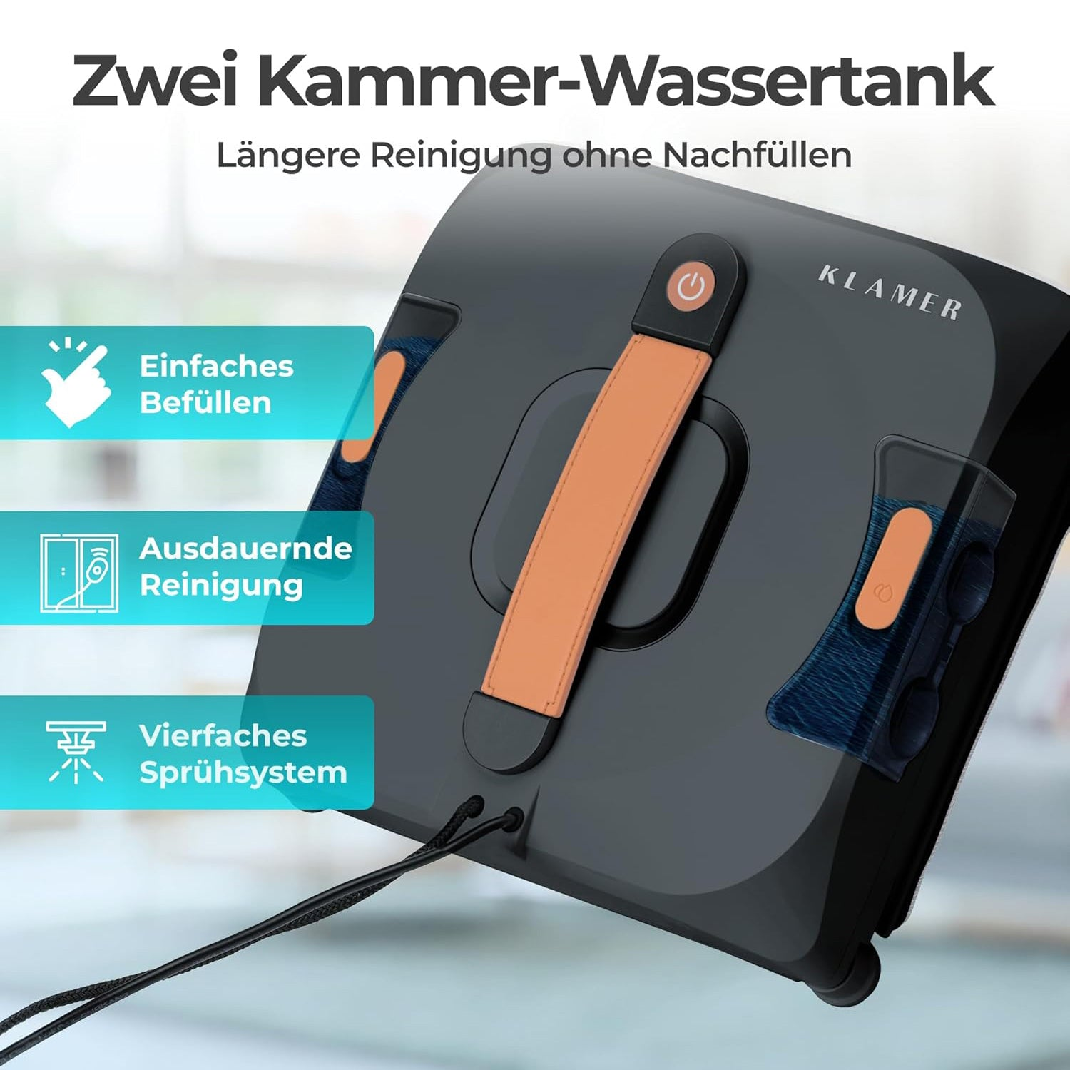 Schwarzer Klamer Fensterreiniger mit orangefarbenem Griff und Wassertanks, Text auf Deutsch.