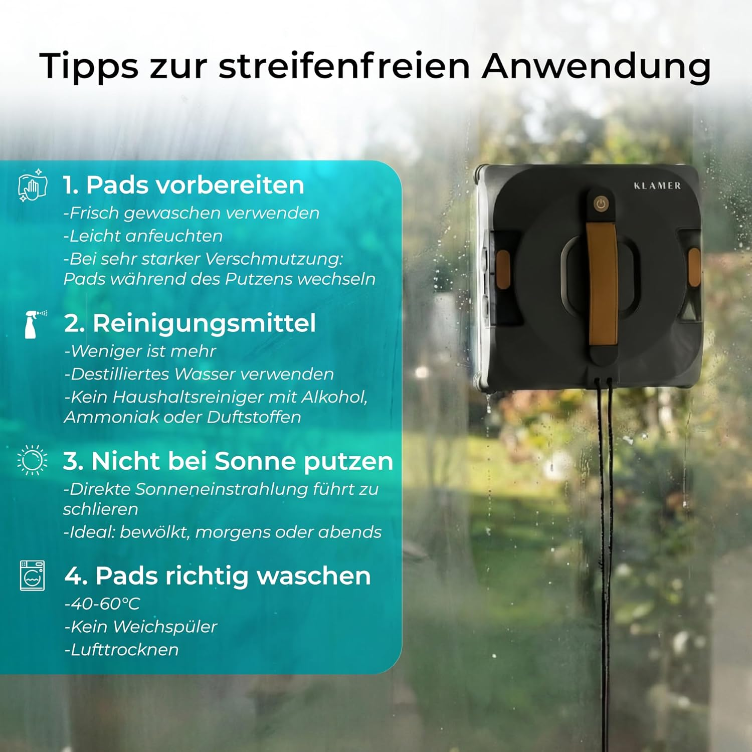 Anleitungsbild für streifenfreies Fensterputzen mit einem elektrischen Fensterputzroboter.