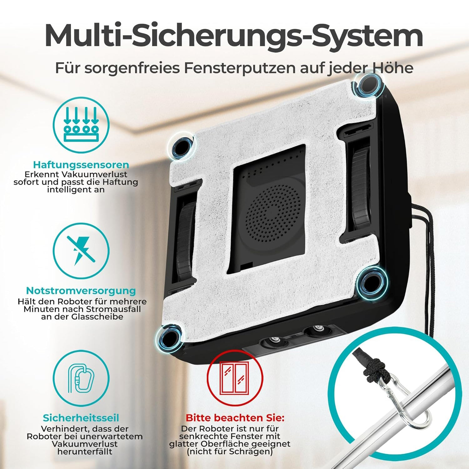 Fensterputzroboter mit Multi-Sicherungssystem, Sensoren, Notstrom, Sicherheitsseil und Text auf Deutsch.