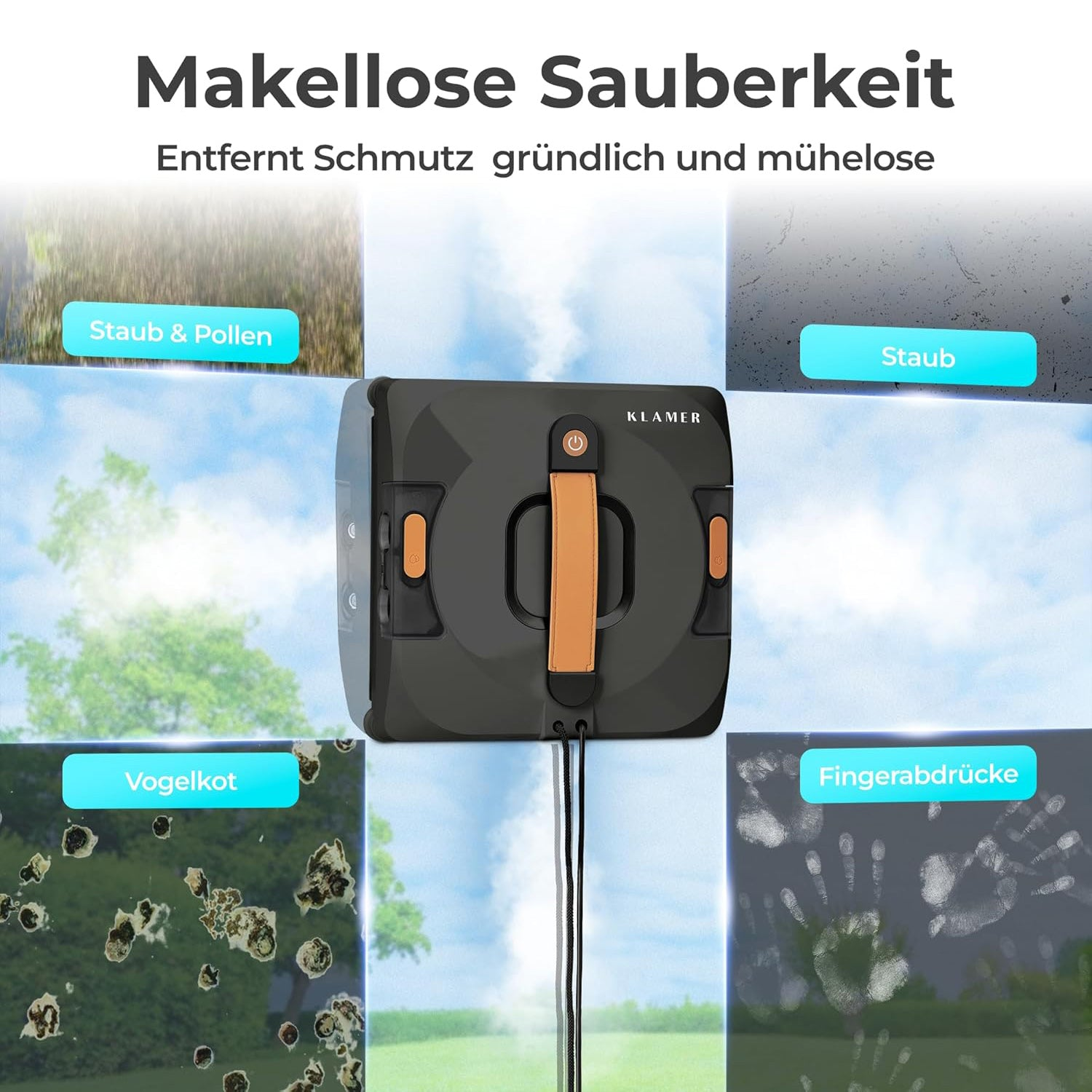 Ein schwarzer Fensterreinigungsroboter zeigt verschiedene Schmutzarten wie Staub, Pollen und Fingerabdrücke.