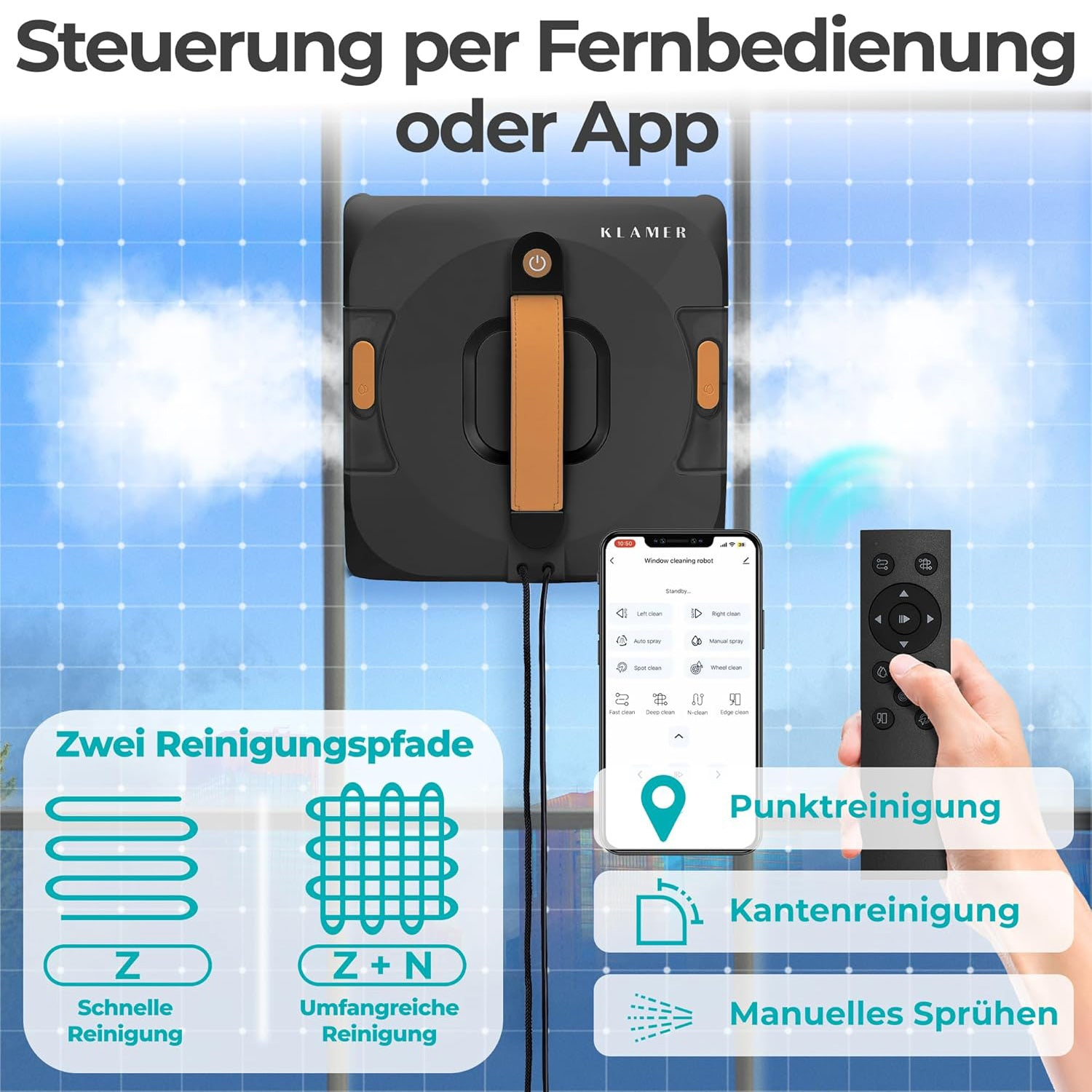 Fensterputzroboter mit App- und Fernbedienung, Reinigungsmodi und Diagrammen auf blauem Hintergrund.