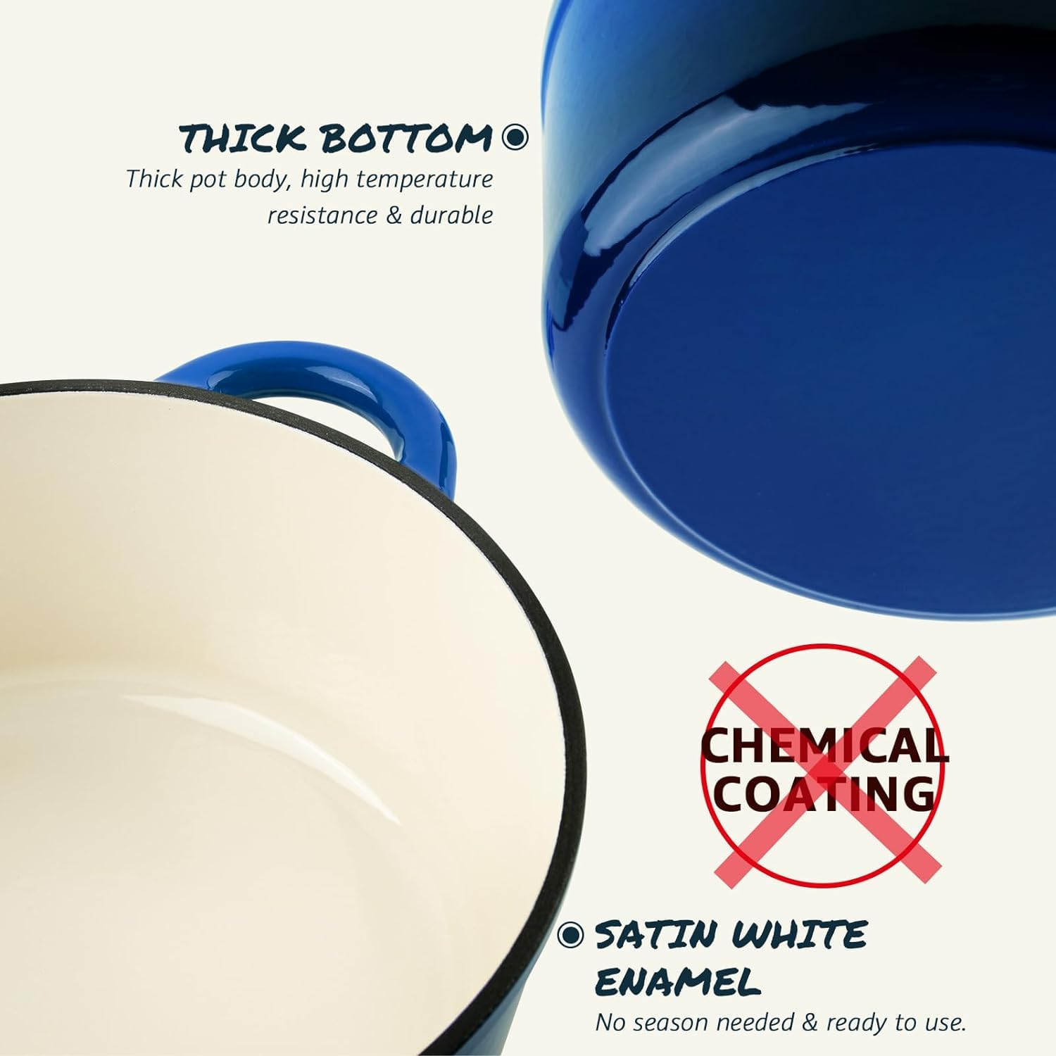 Ein blauer Emailliertopf mit weißem Innenraum und Text über dicken Boden und chemiefreie Beschichtung.