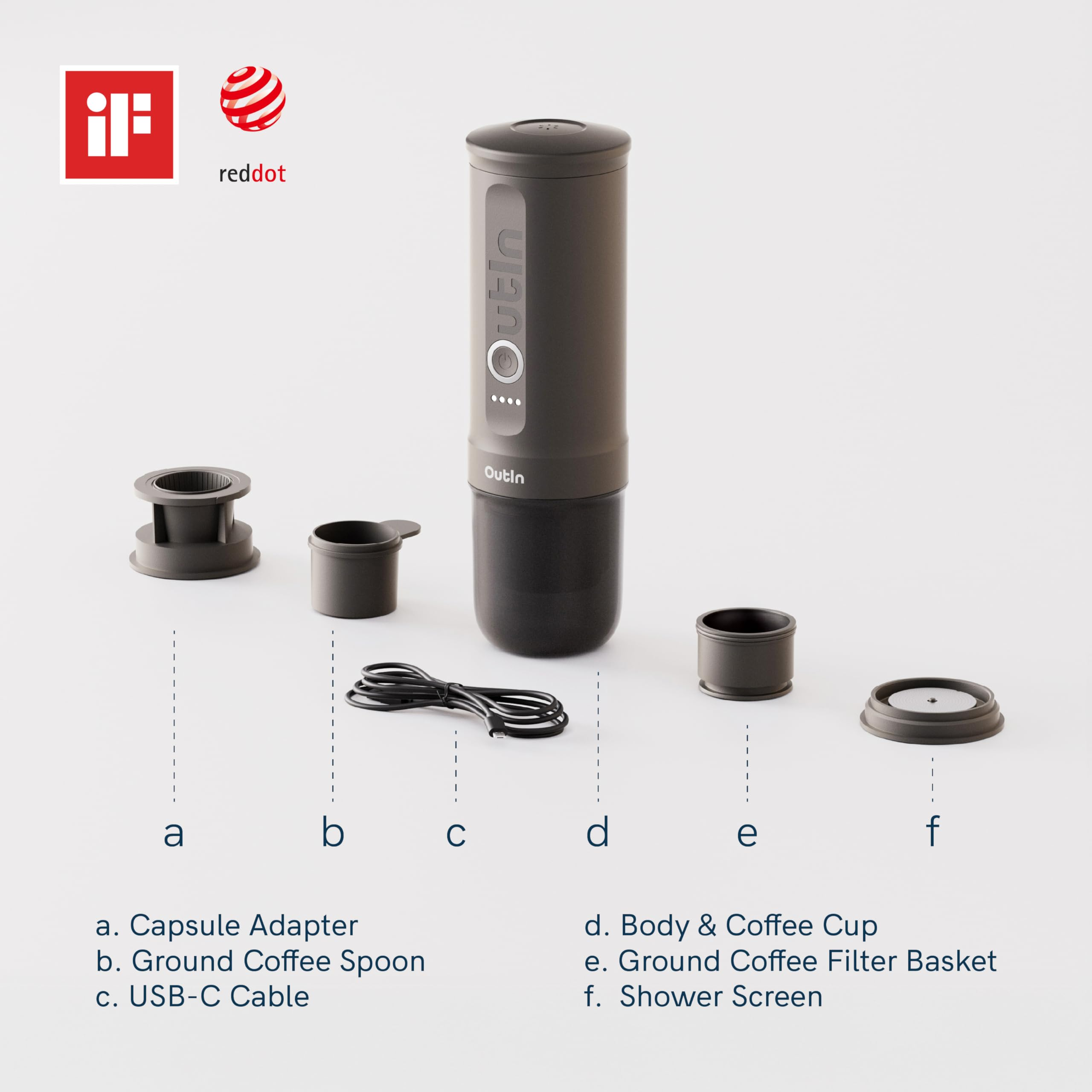 Une cafetière Outin grise avec des accessoires étiquetés de a à f sur fond blanc.