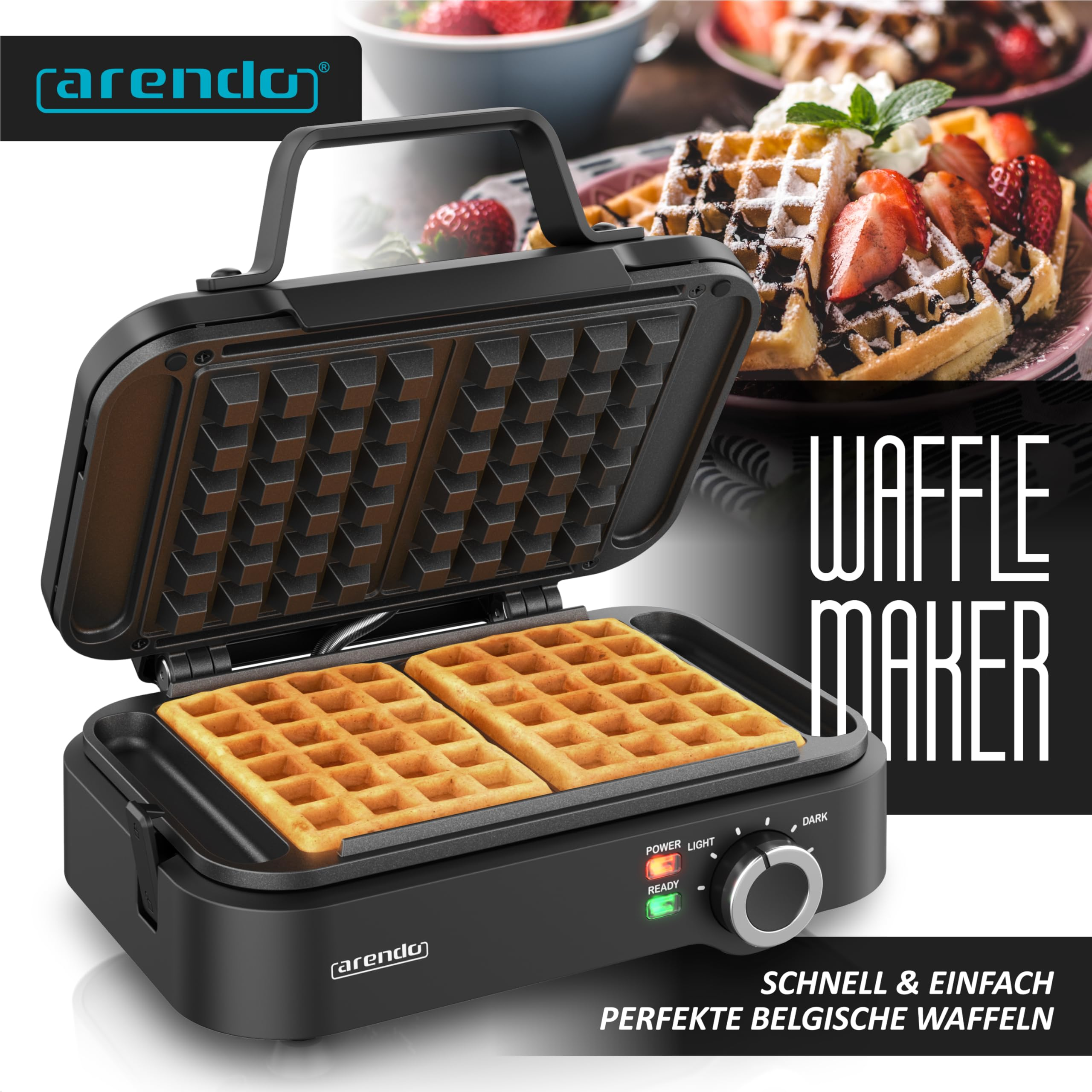 Schwarzes Arendo Waffeleisen mit zwei gebackenen Waffeln, Regler und Kontrollleuchten; Waffeln im Hintergrund.