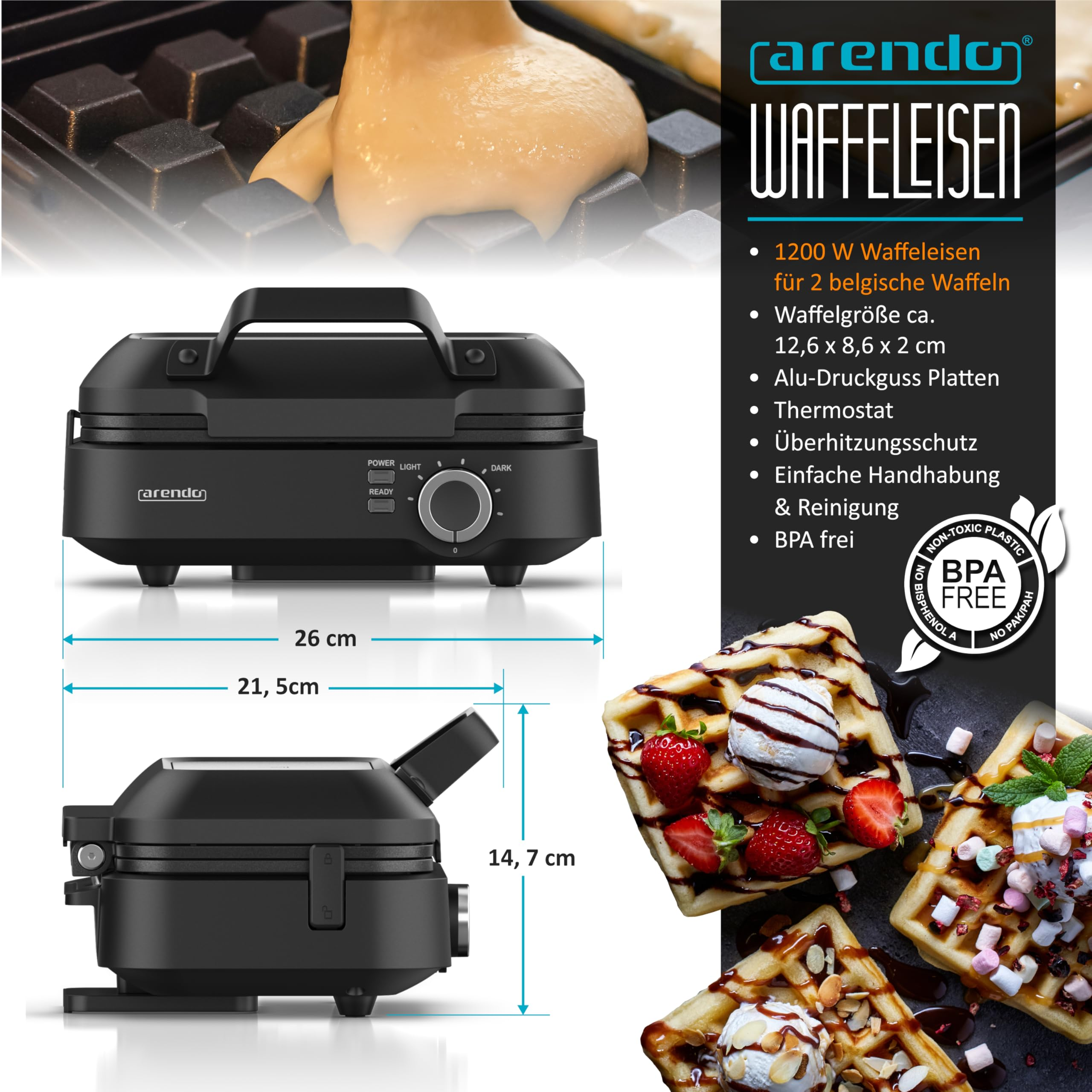 Arendo Waffeleisen mit Maßen, Teig und fertigen Waffeln mit Eis und Erdbeeren.