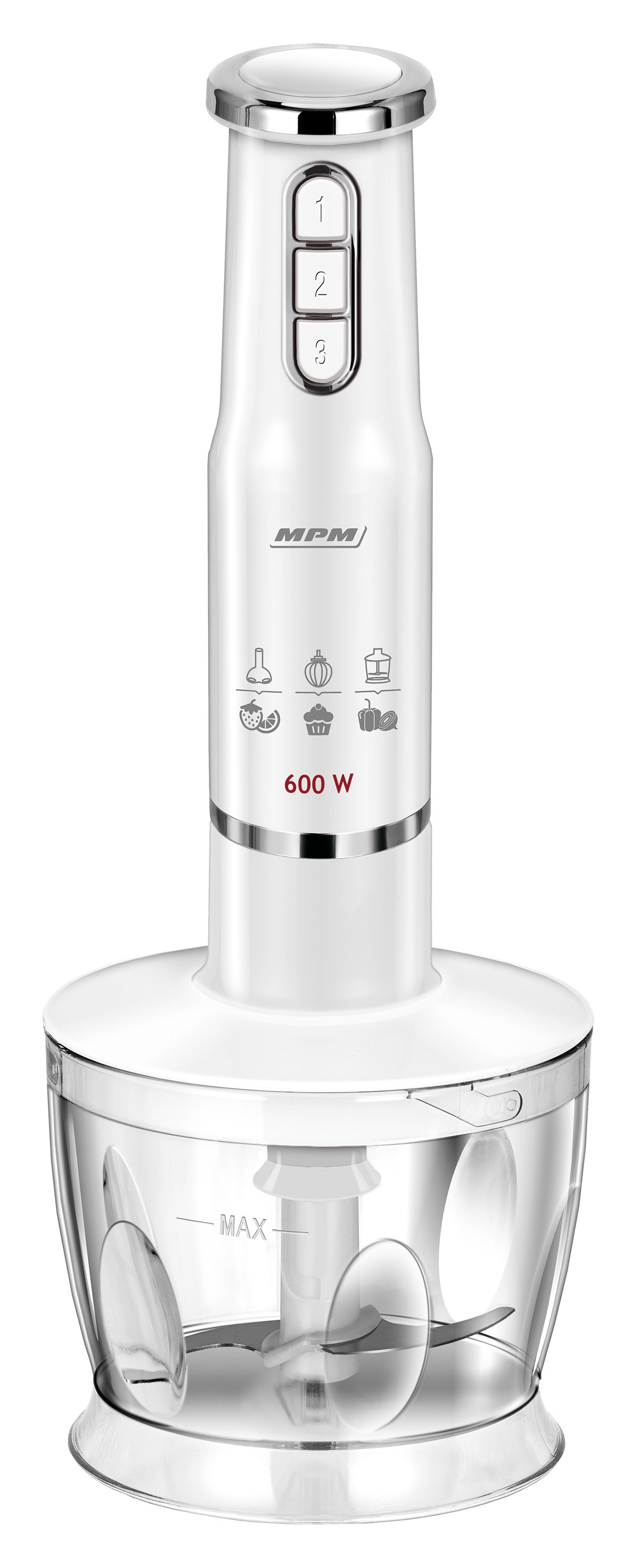 Biały blender ręczny MPM o mocy 600W z przezroczystym pojemnikiem do rozdrabniania.