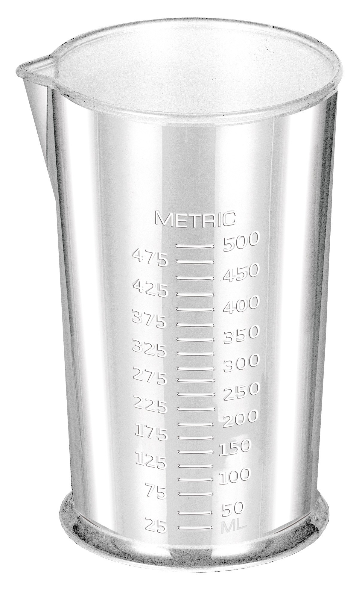 Przezroczysta plastikowa miarka z podziałką metryczną do 500 ml na białym tle.