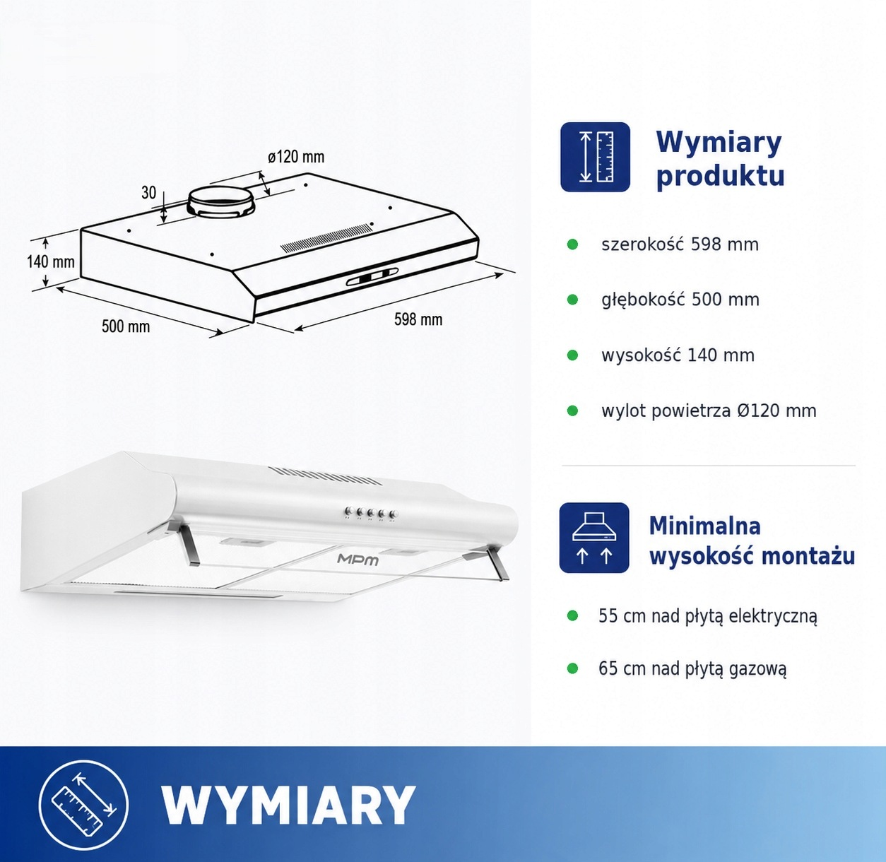 Rysunek techniczny i zdjęcie białego okapu kuchennego o wymiarach: szerokość 598 mm, głębokość 500 mm, wysokość 140 mm.
